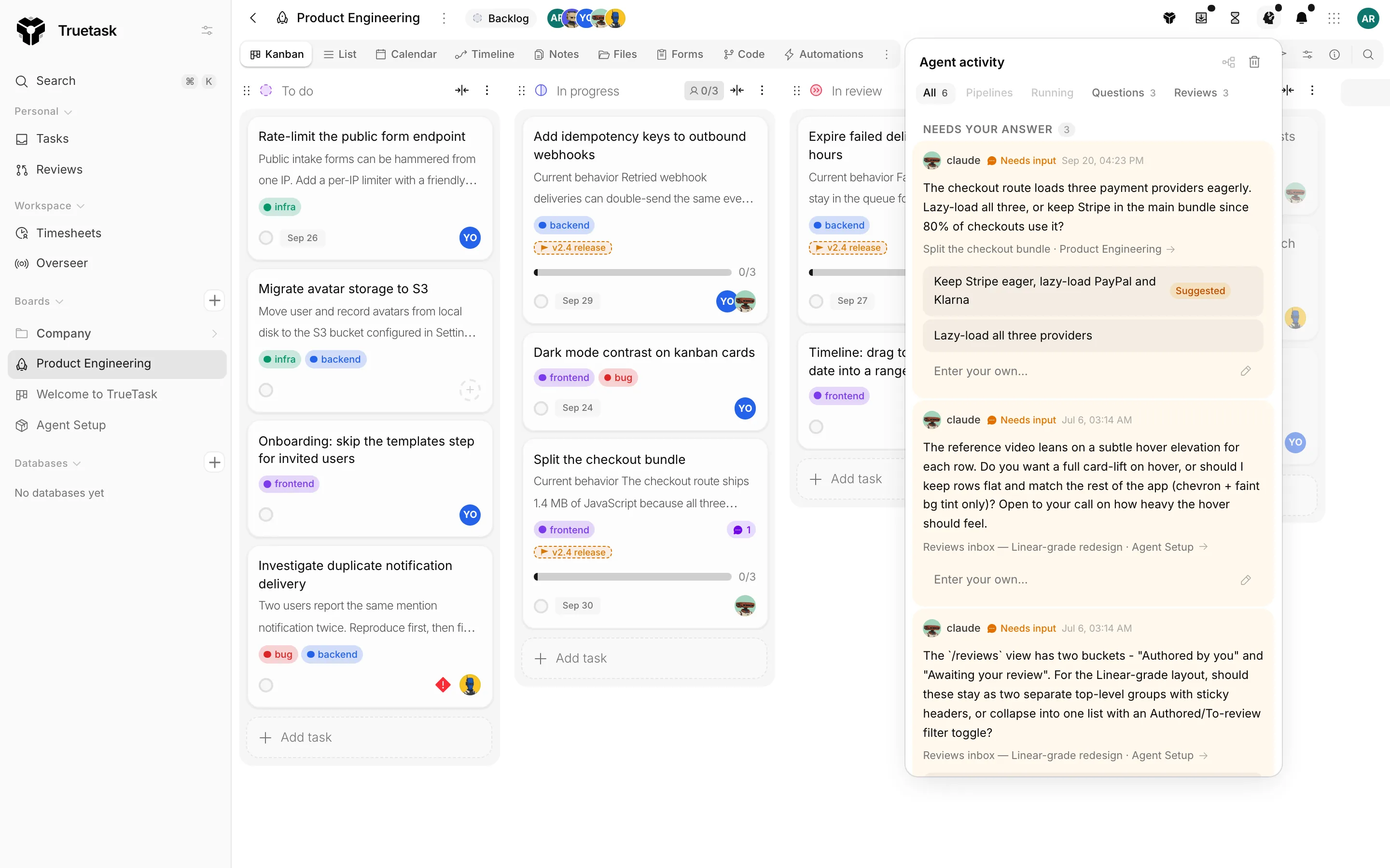 Truetask Agent activity panel in the top bar, listing pipelines, running agents, questions and reviews