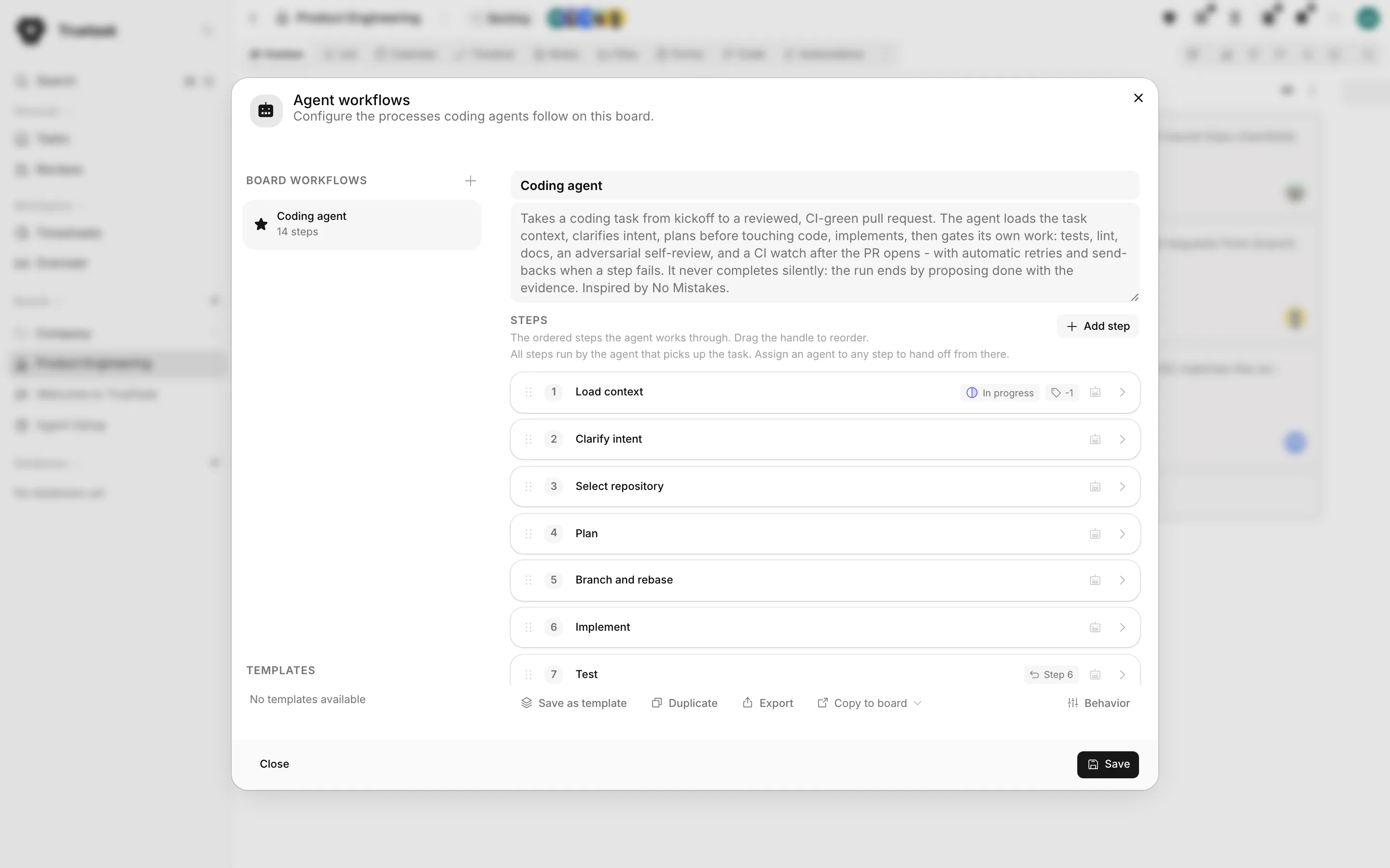 Truetask Agent workflows dialog with a board's workflow steps
