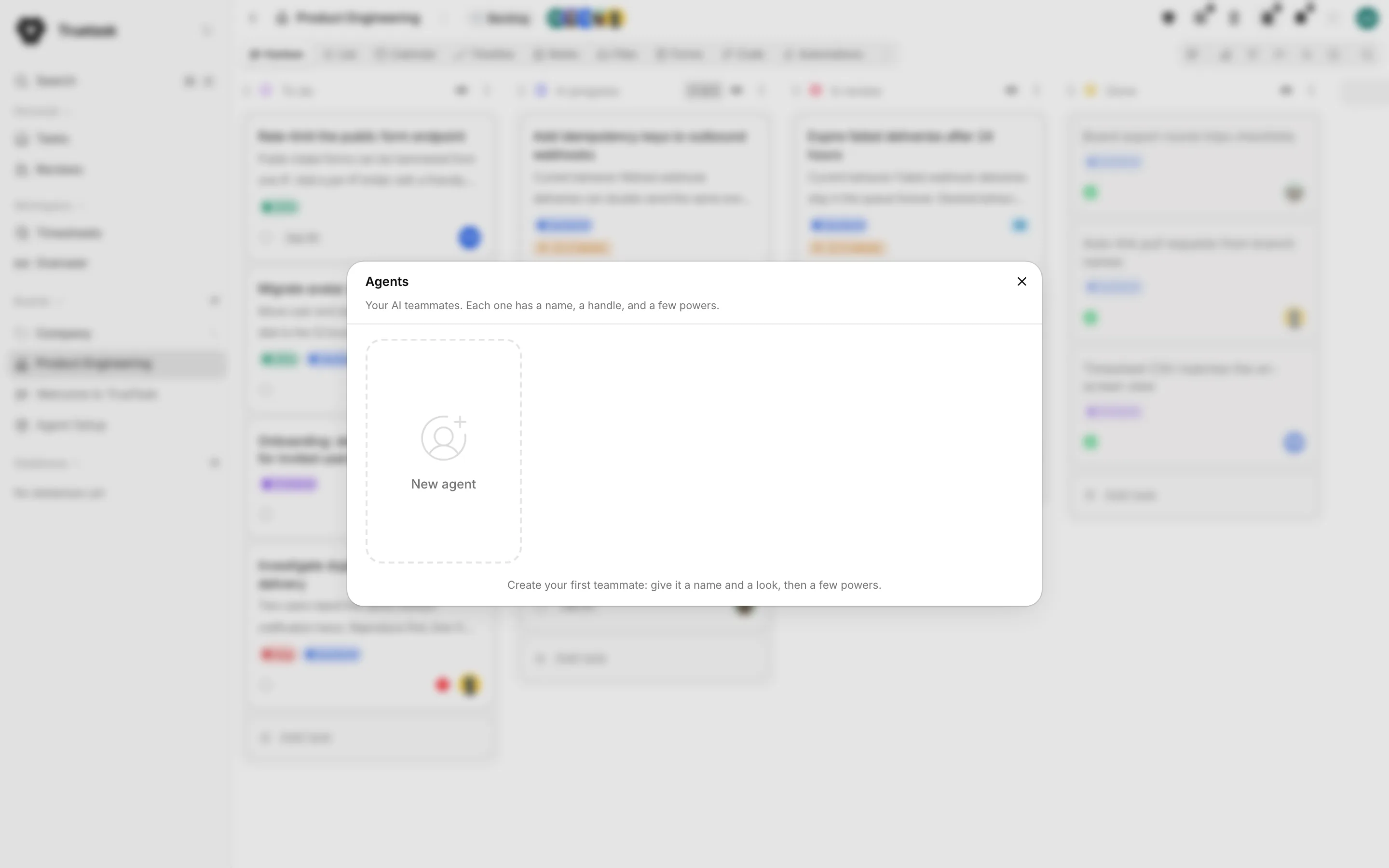 Truetask Agents dialog listing the AI agents you own
