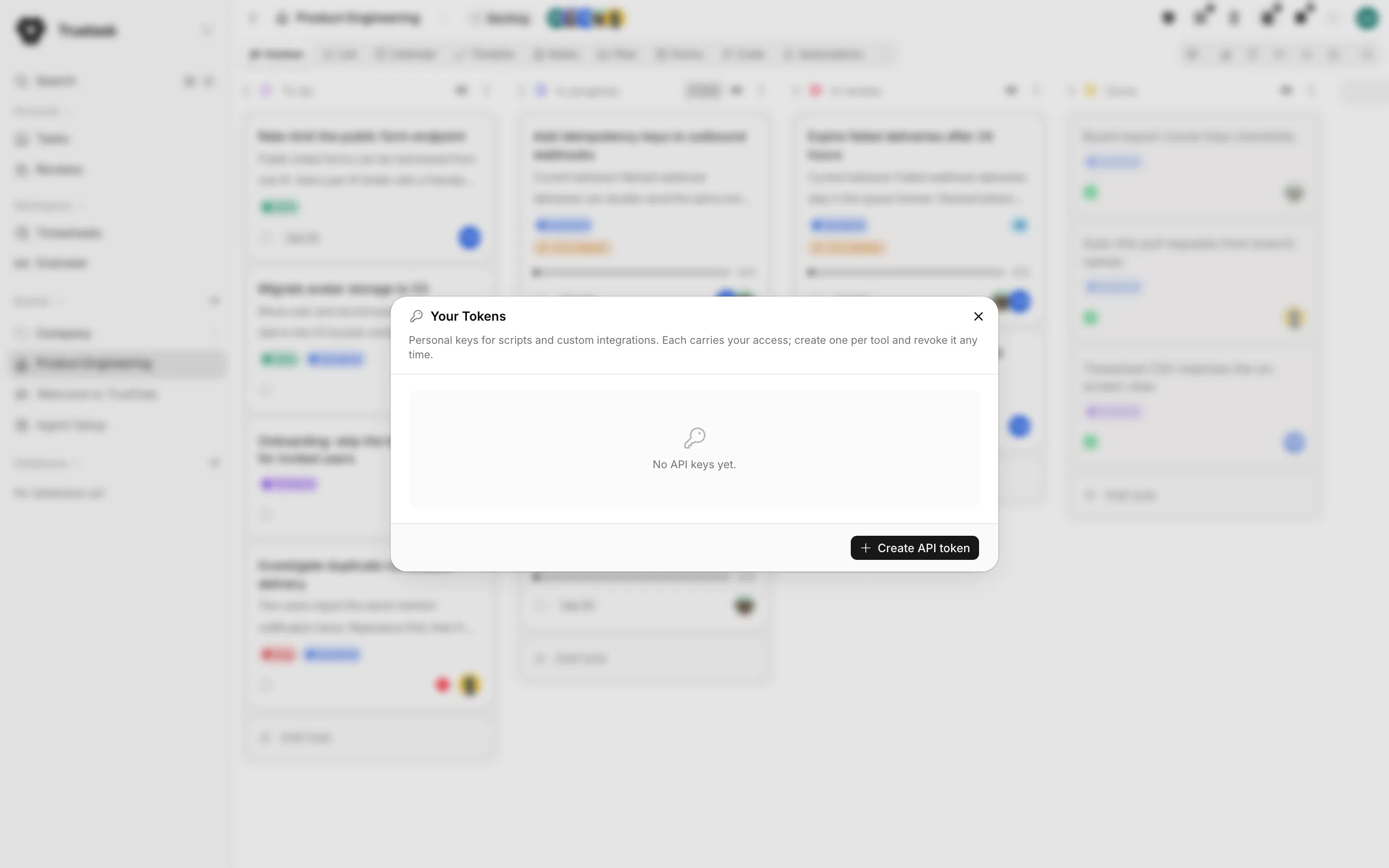 Truetask API tokens dialog listing personal access tokens