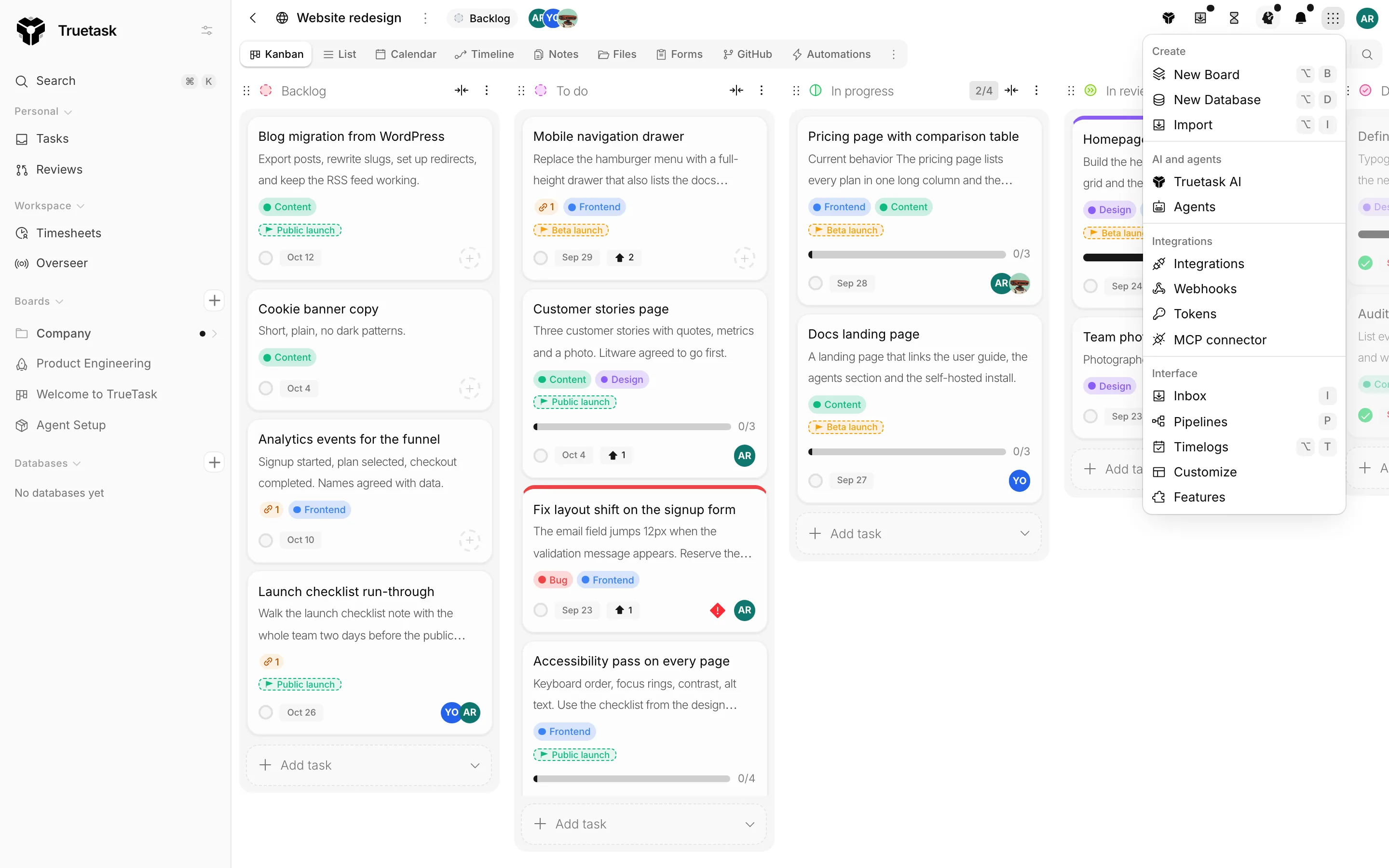 Truetask App menu with its Create, AI and agents, Integrations and Interface sections