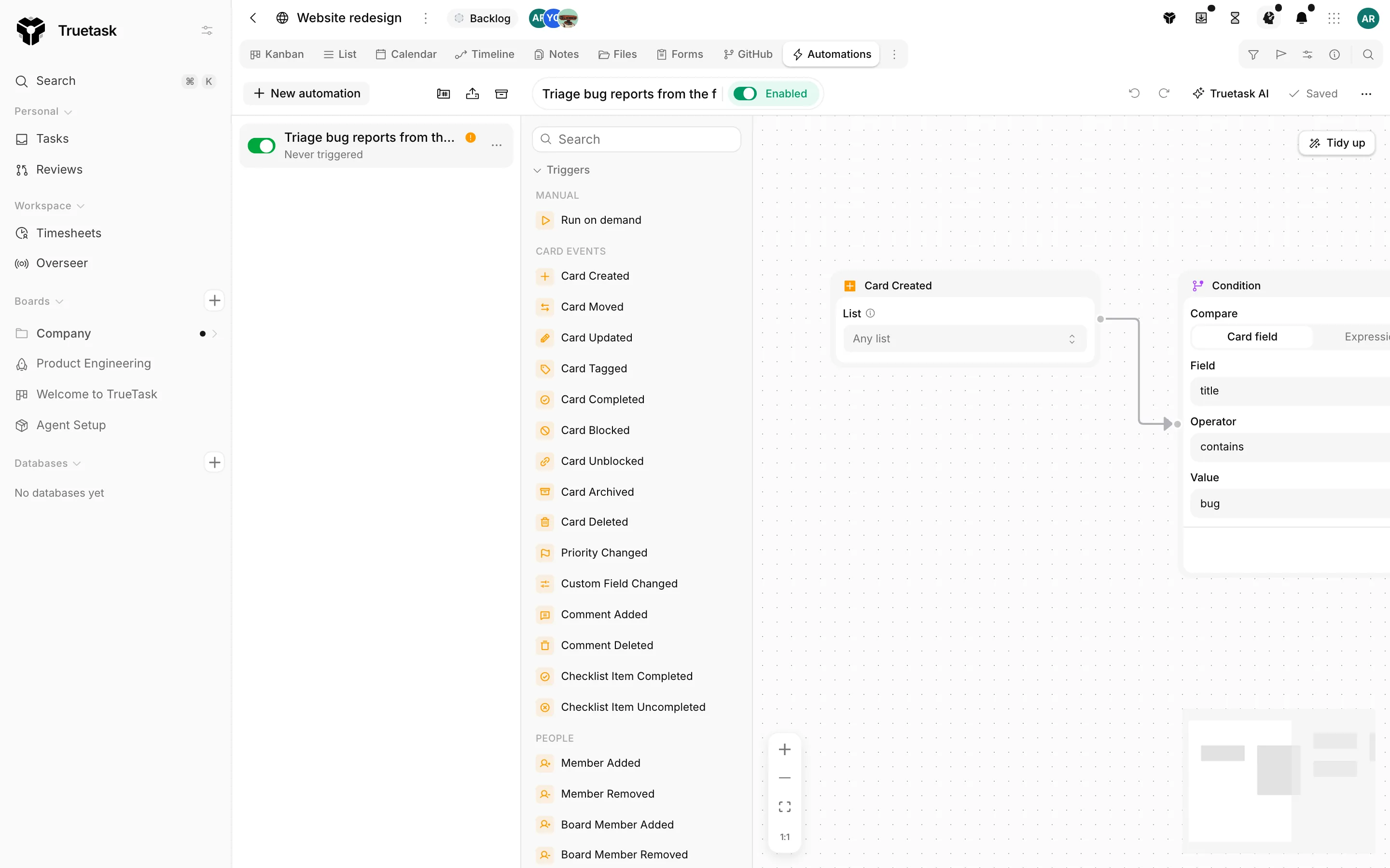 Truetask Automations view with the automation list and the visual builder canvas
