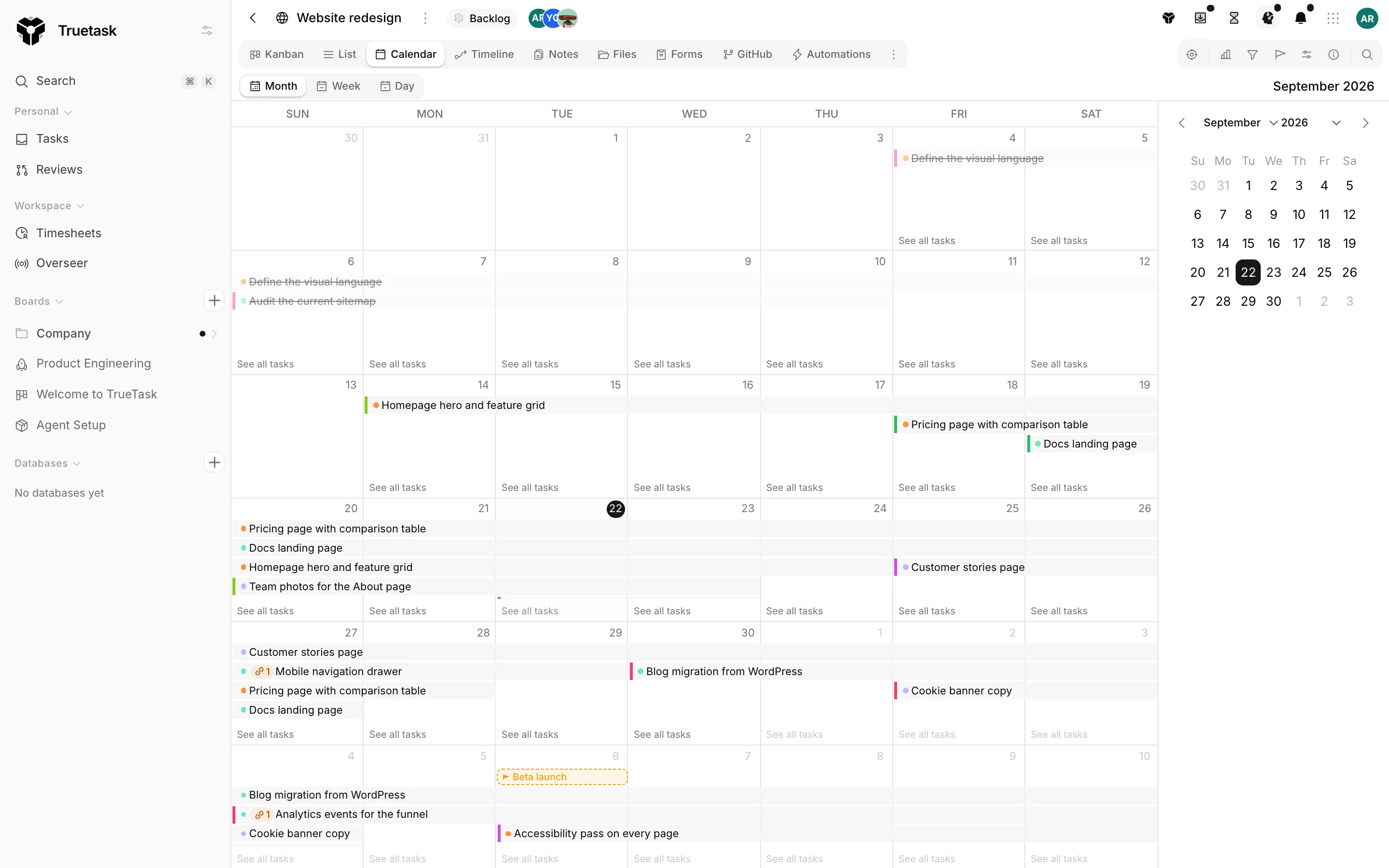 Truetask Calendar view showing a month of dated tasks