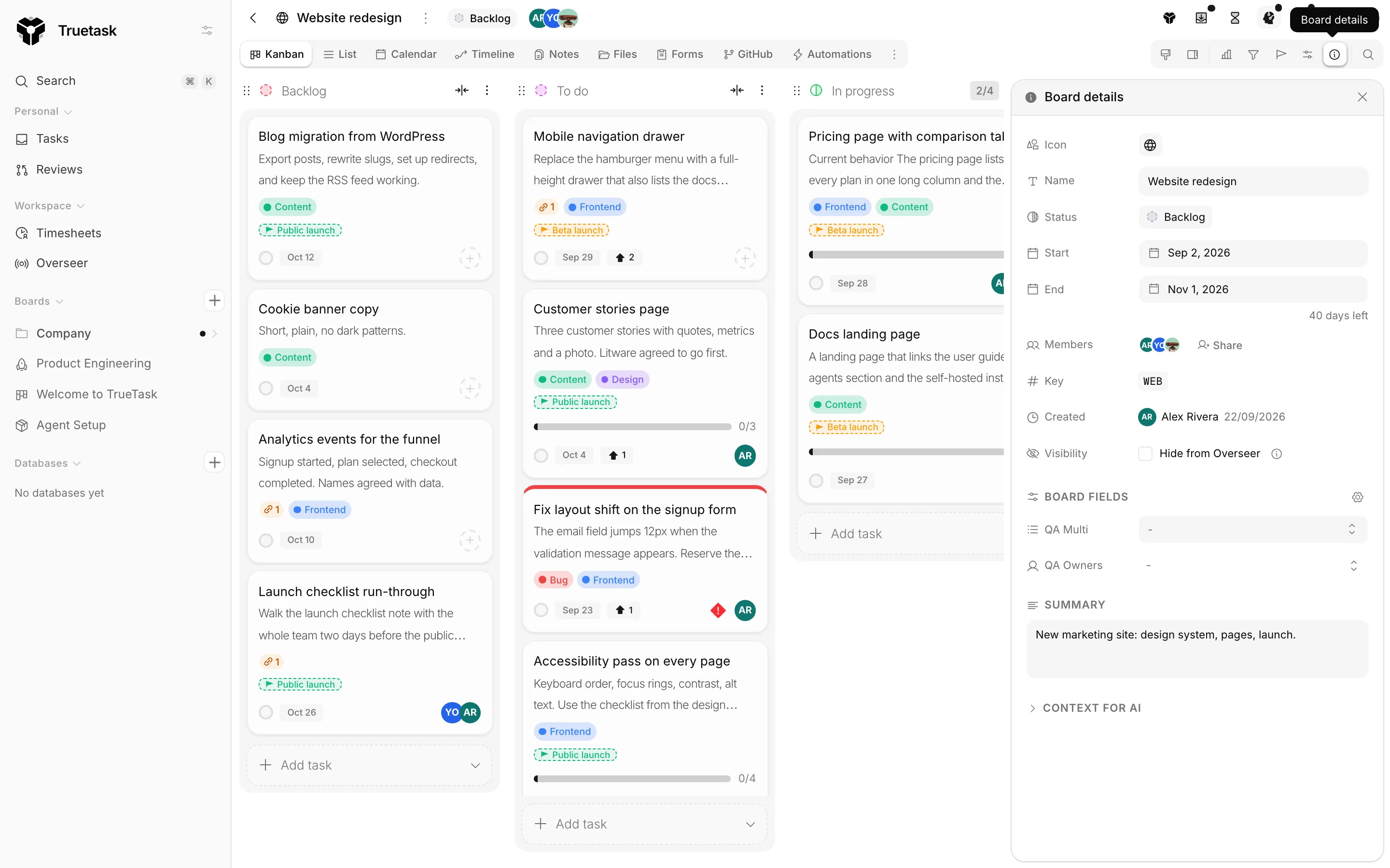 Truetask Board details panel with status, dates, key and board fields