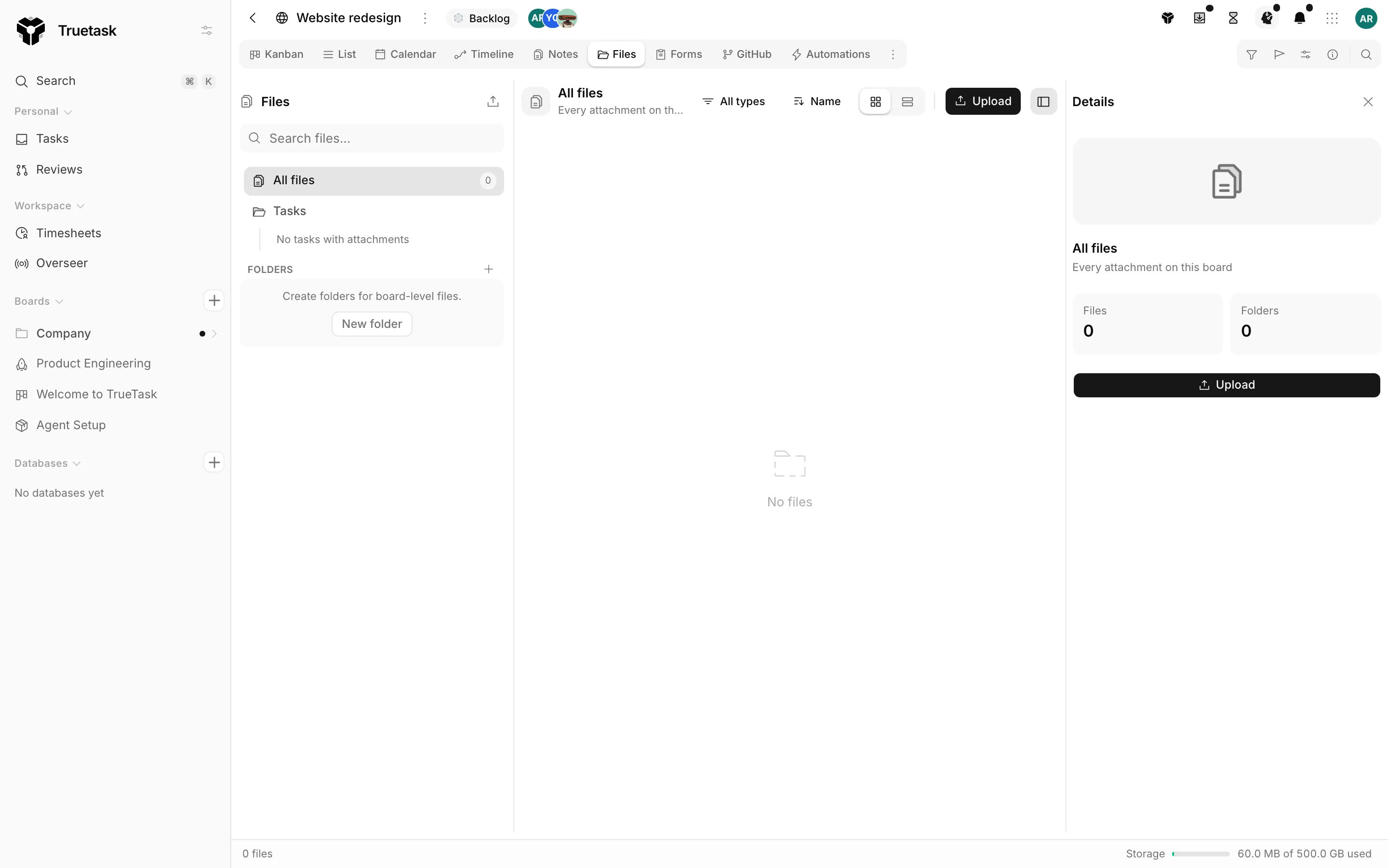 Truetask Files view with the attachment tree, file table and details panel