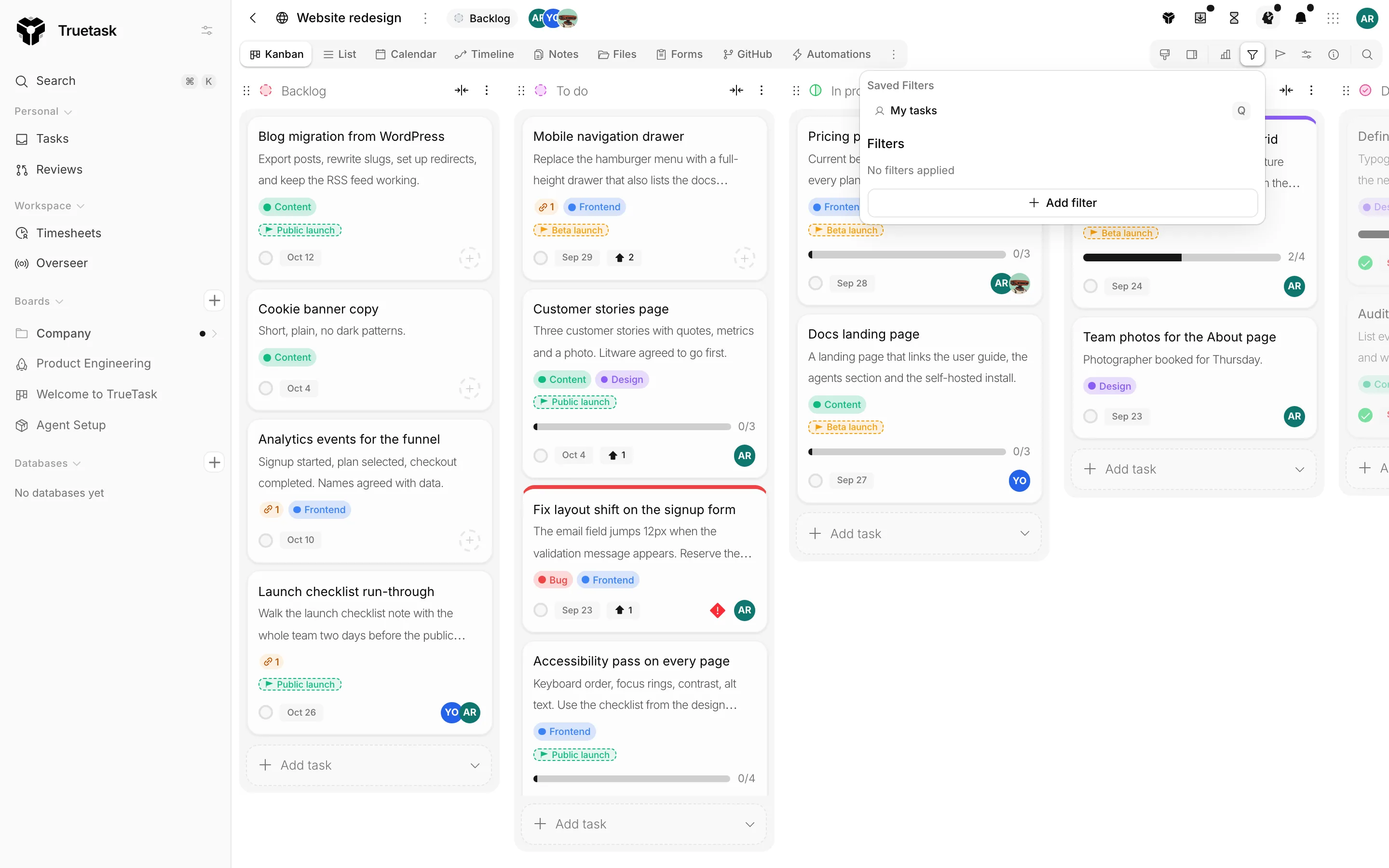 Truetask board filters dropdown
