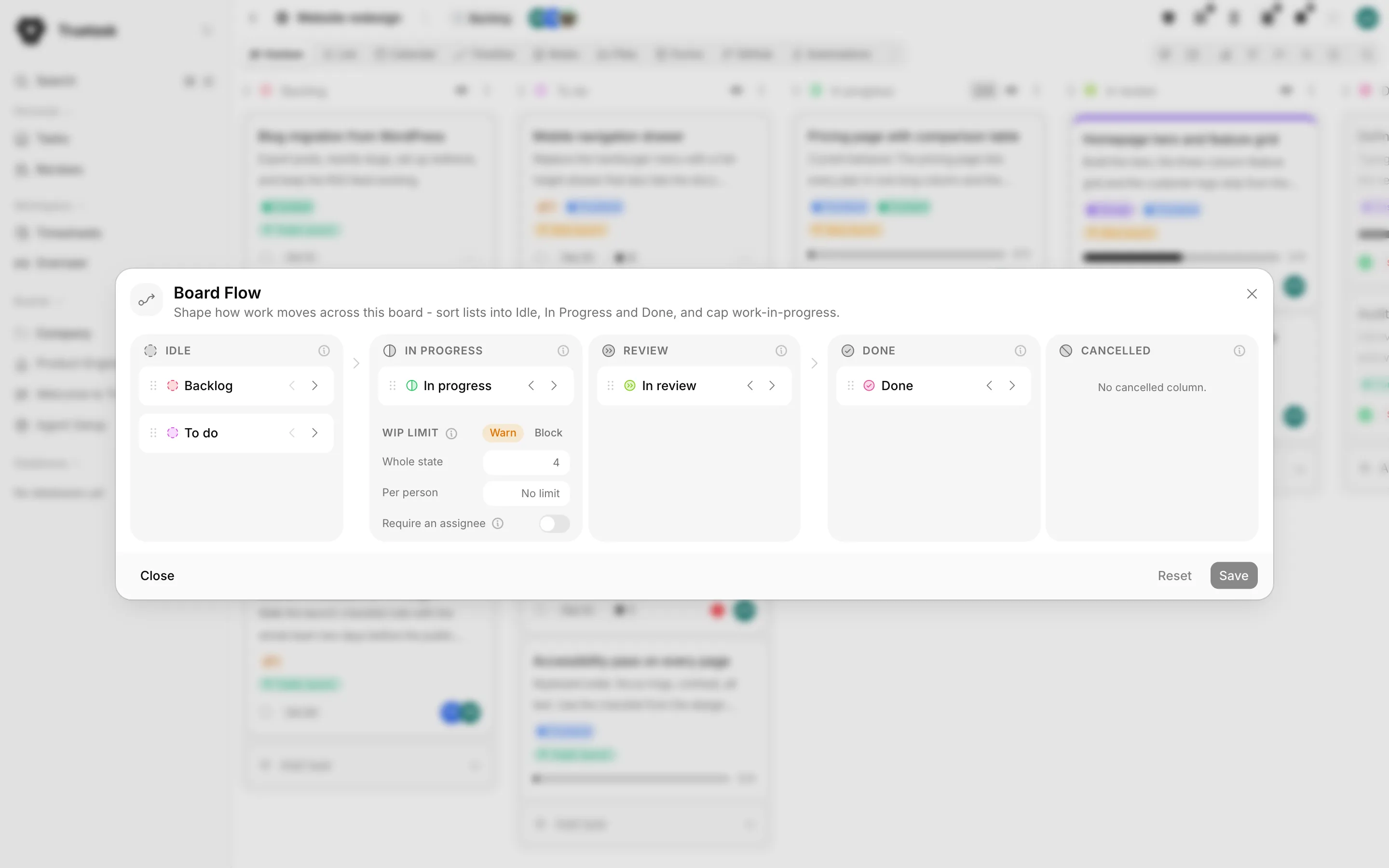 Truetask Board flow dialog with the Idle, In Progress, Review and Done lanes and WIP limits