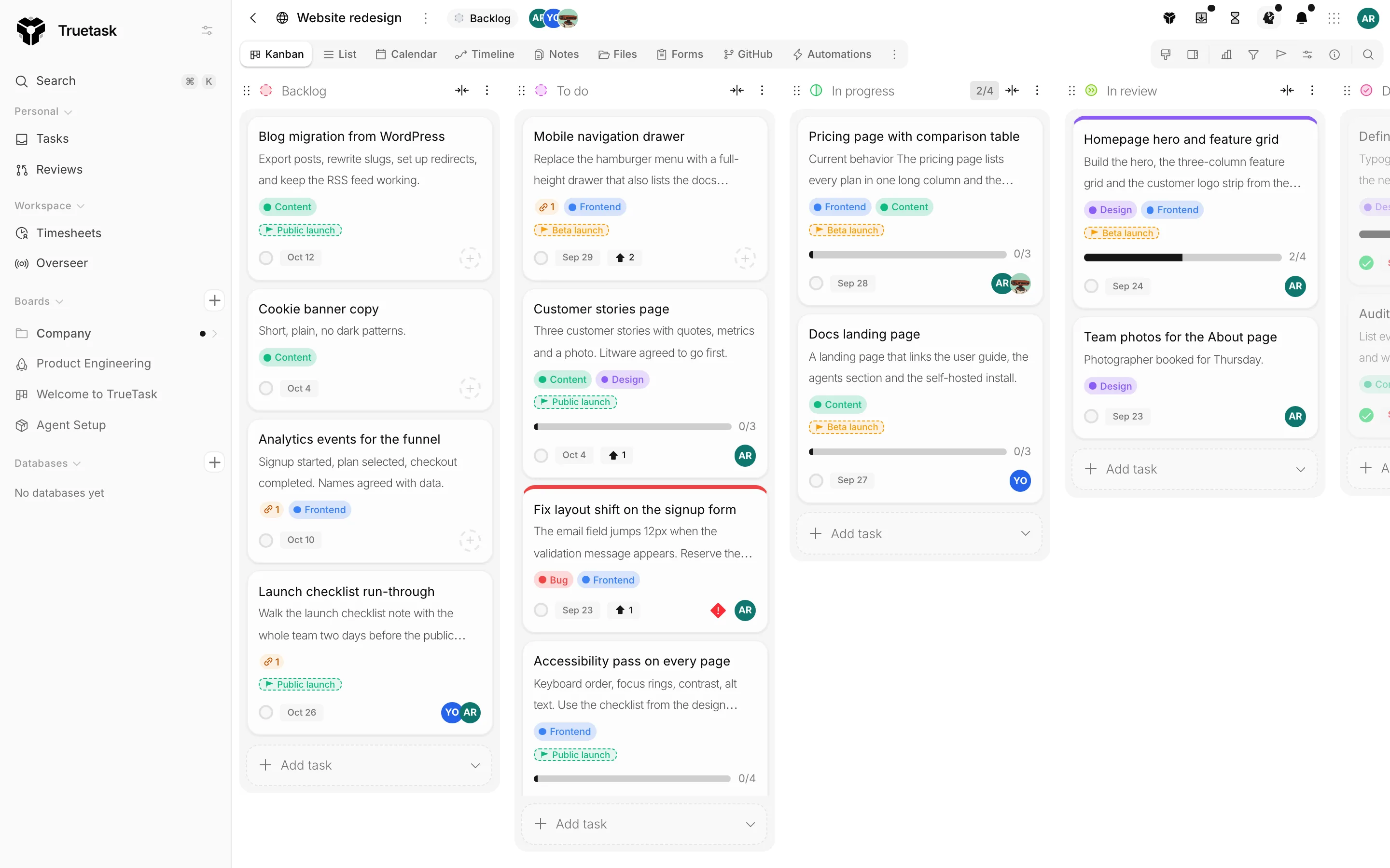 Truetask Kanban board with the sidebar, view tabs and task cards