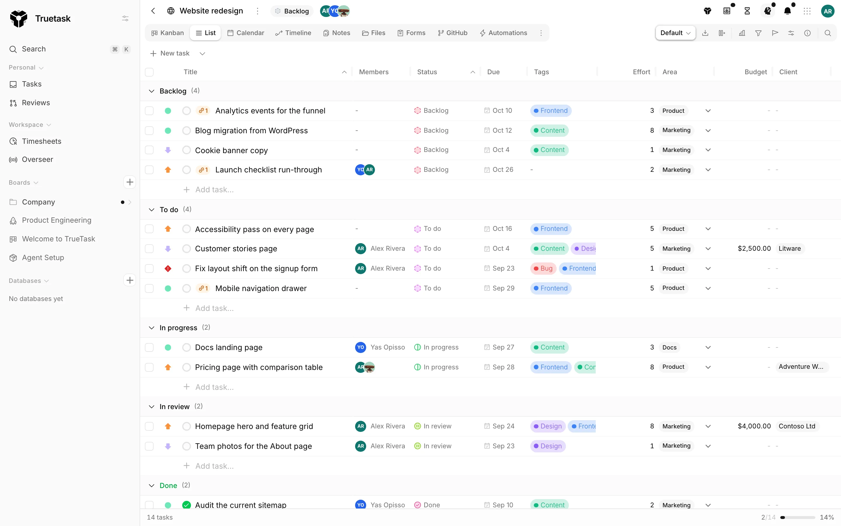 Truetask List view with grouped rows and custom field columns