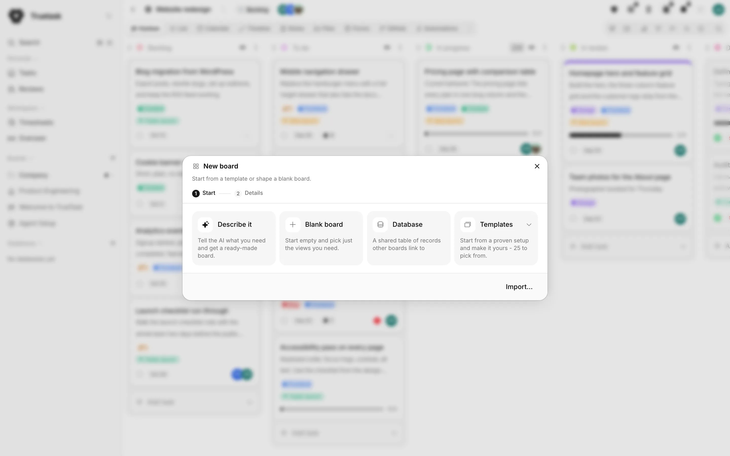 Truetask new board wizard with the Blank, Describe and Database tiles and the template gallery