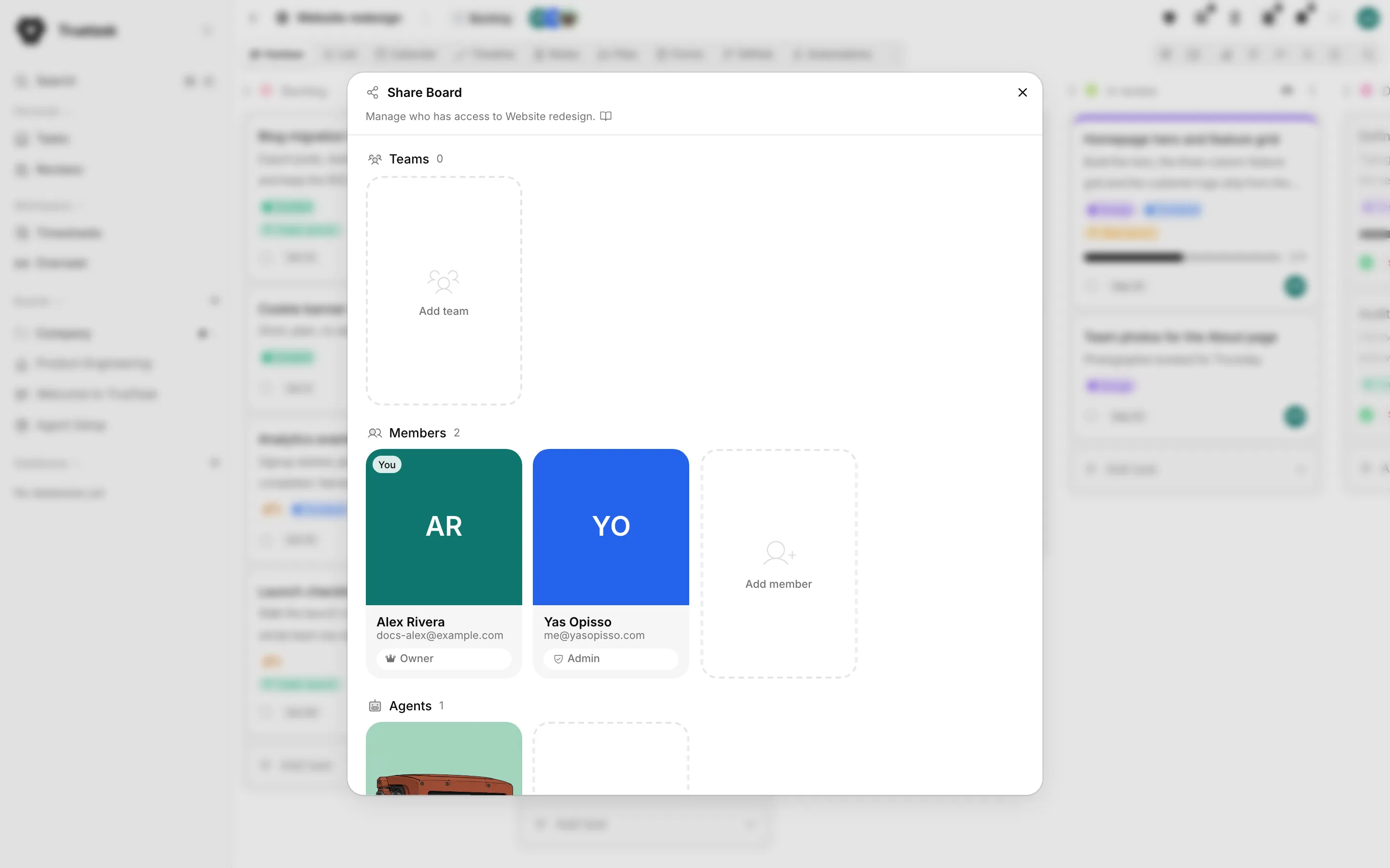 Truetask Share board dialog with members, roles, teams and agents