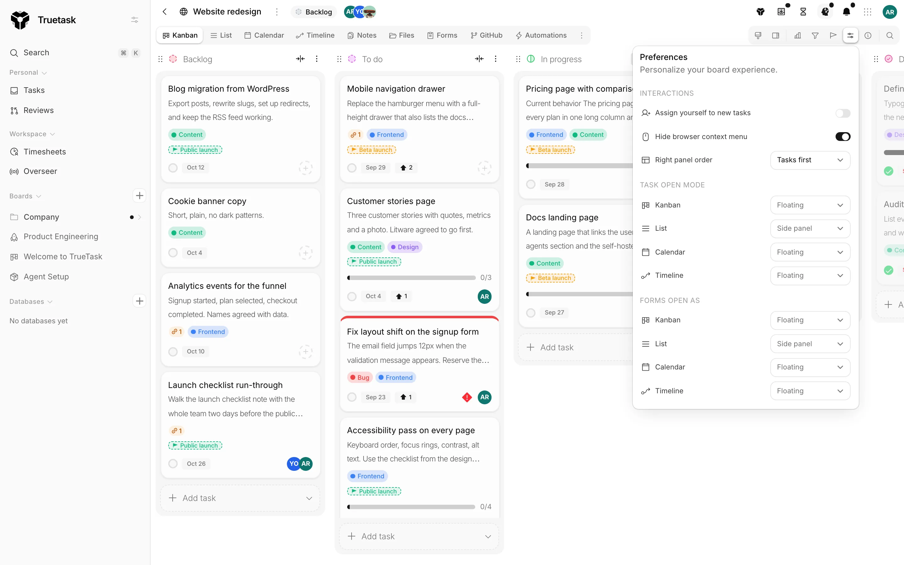 Truetask board view Preferences popover