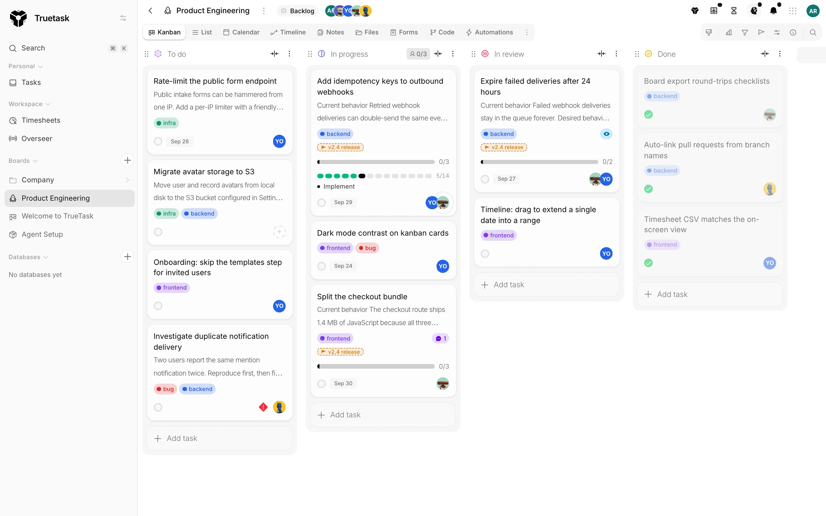 Truetask Kanban task with a live AI agent progress bar