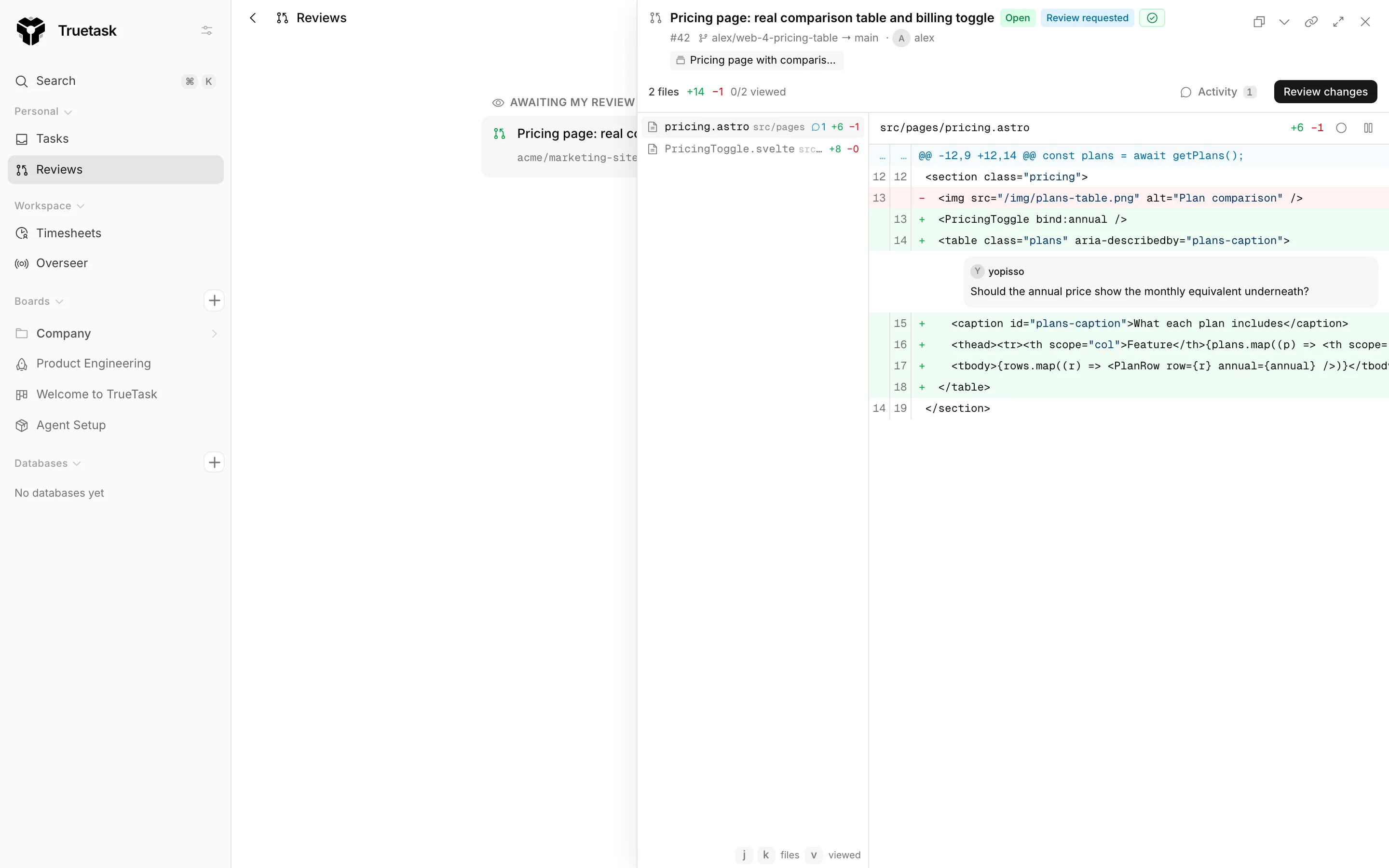 Truetask code review drawer with a pull request diff and inline comments