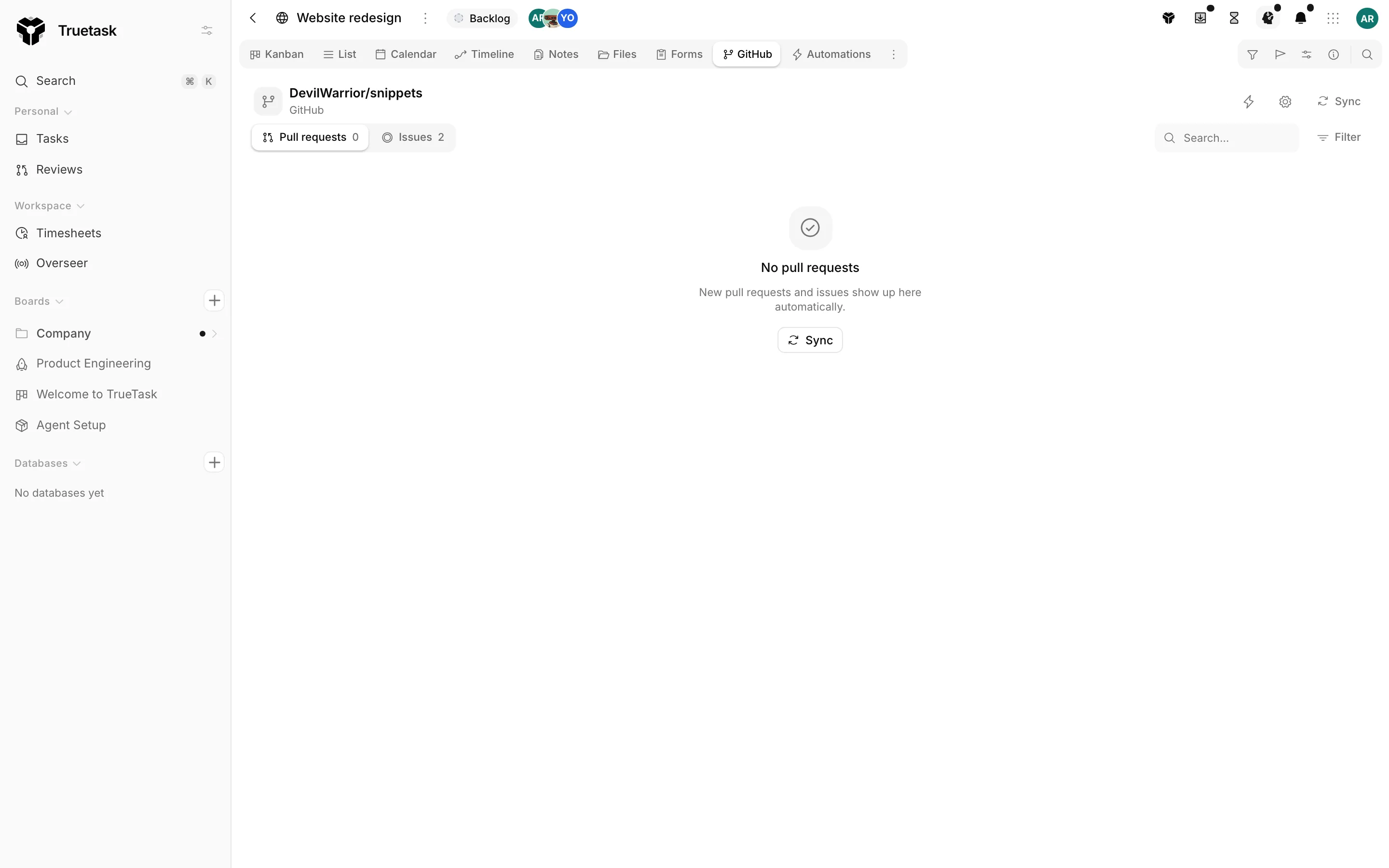 Truetask Code view listing a board's pull requests and issues by link status