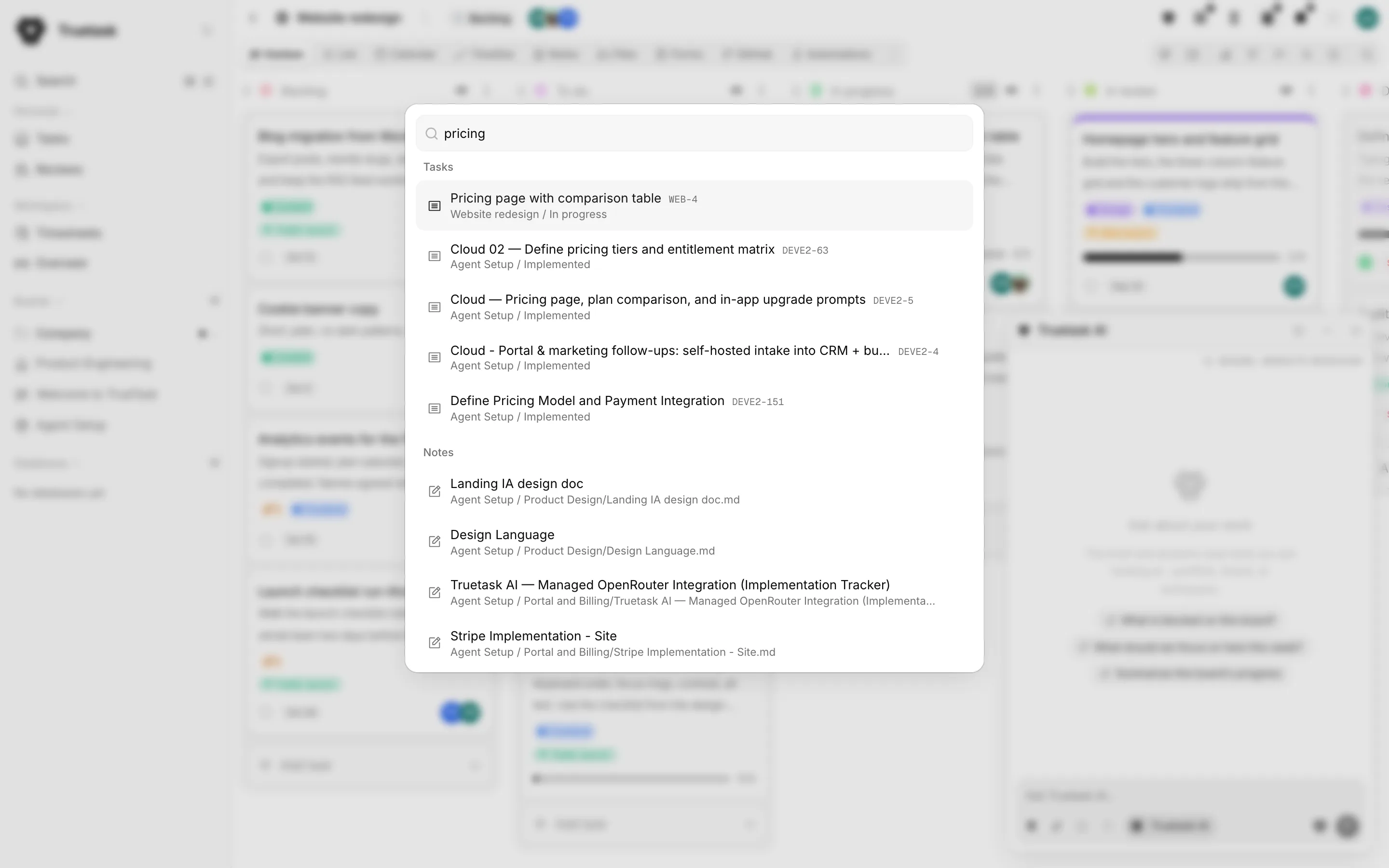 Truetask command palette with search results