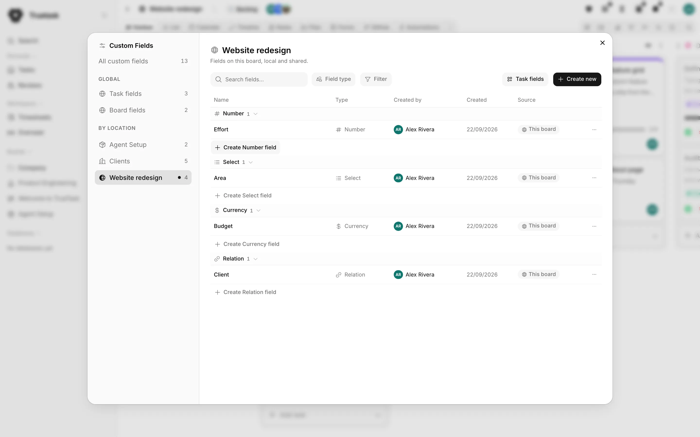 Truetask Custom Fields manager dialog