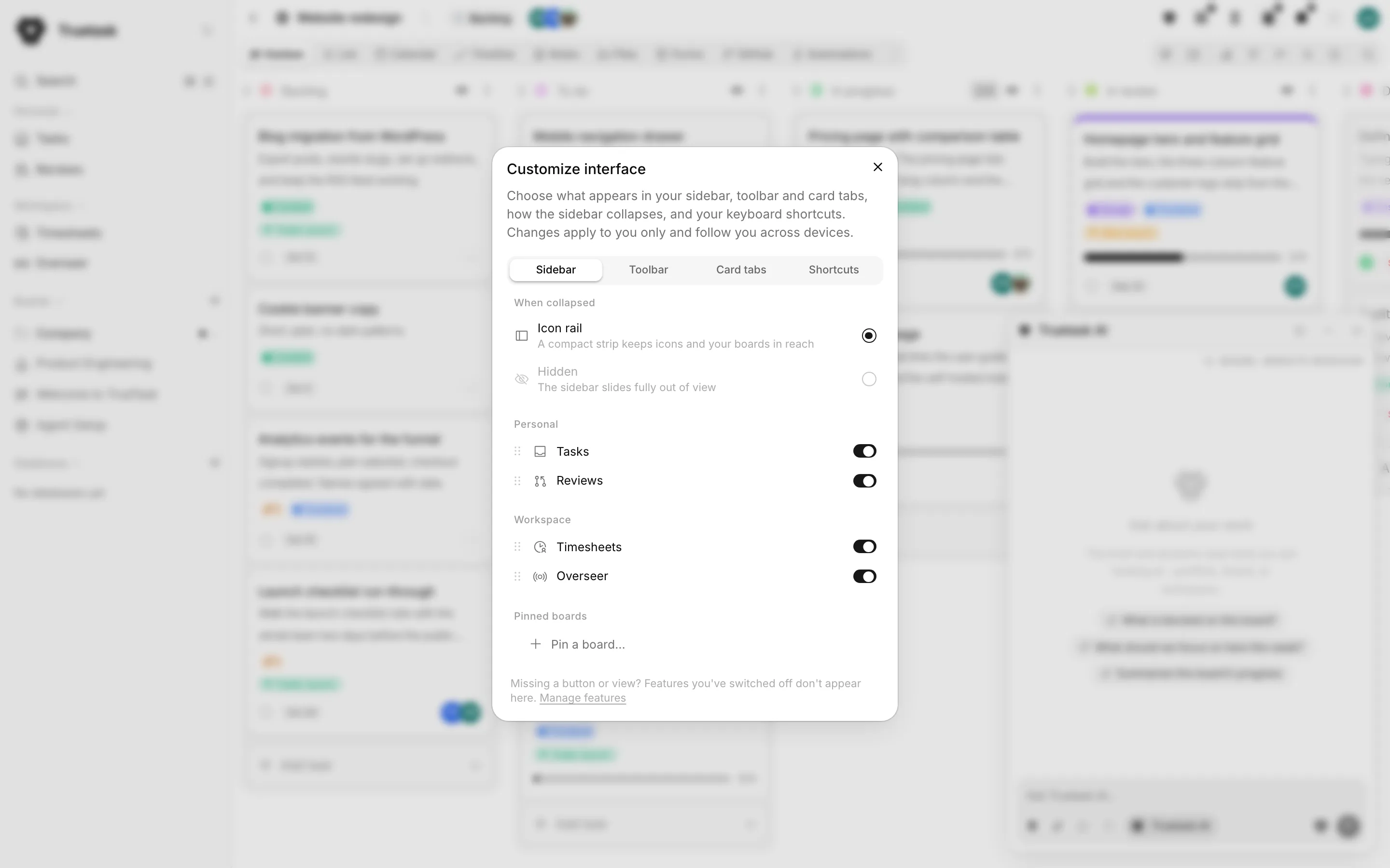 Truetask Customize interface dialog