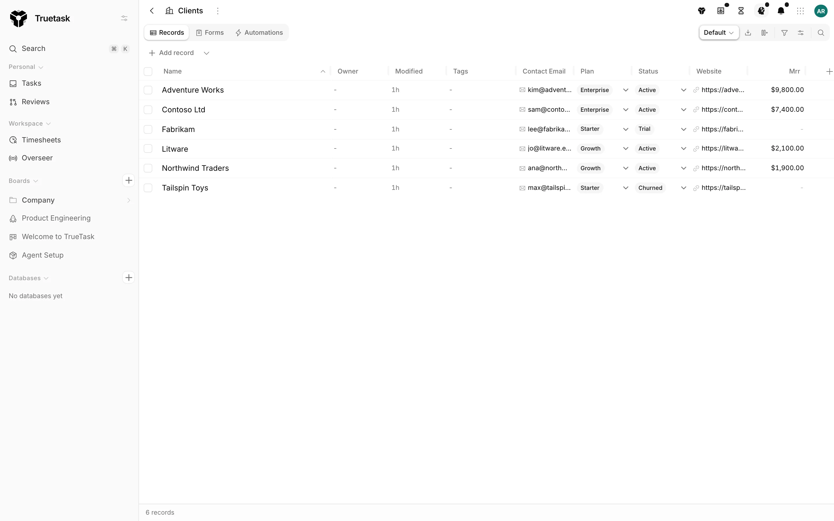 A Truetask database board showing its records table