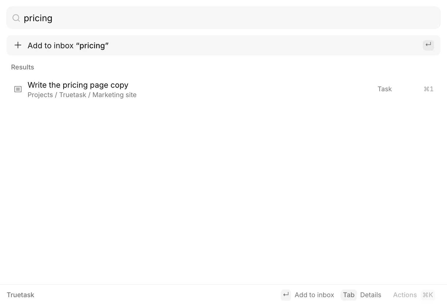 Truetask Desktop palette searching tasks and boards