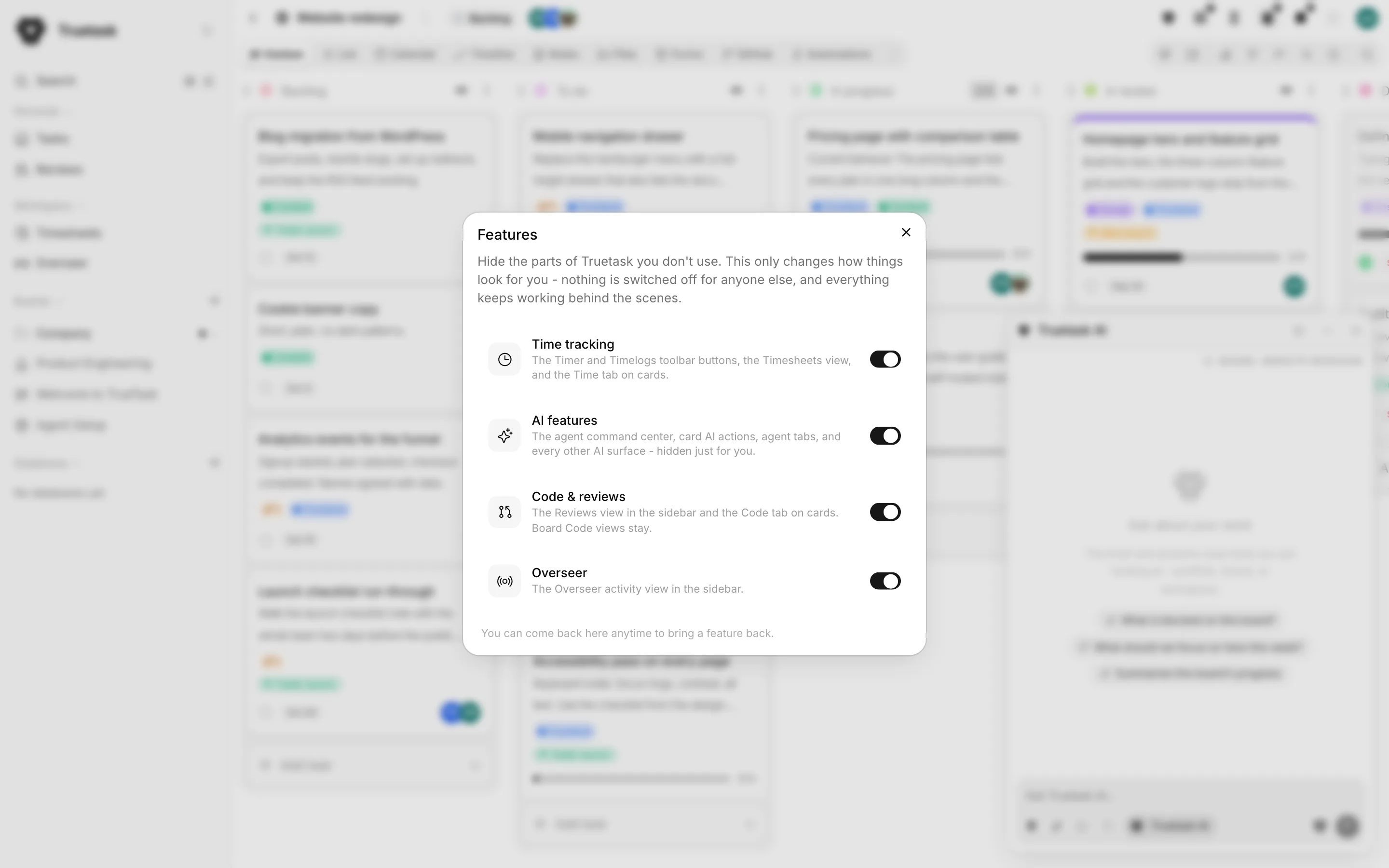 Truetask Features dialog with the personal feature toggles