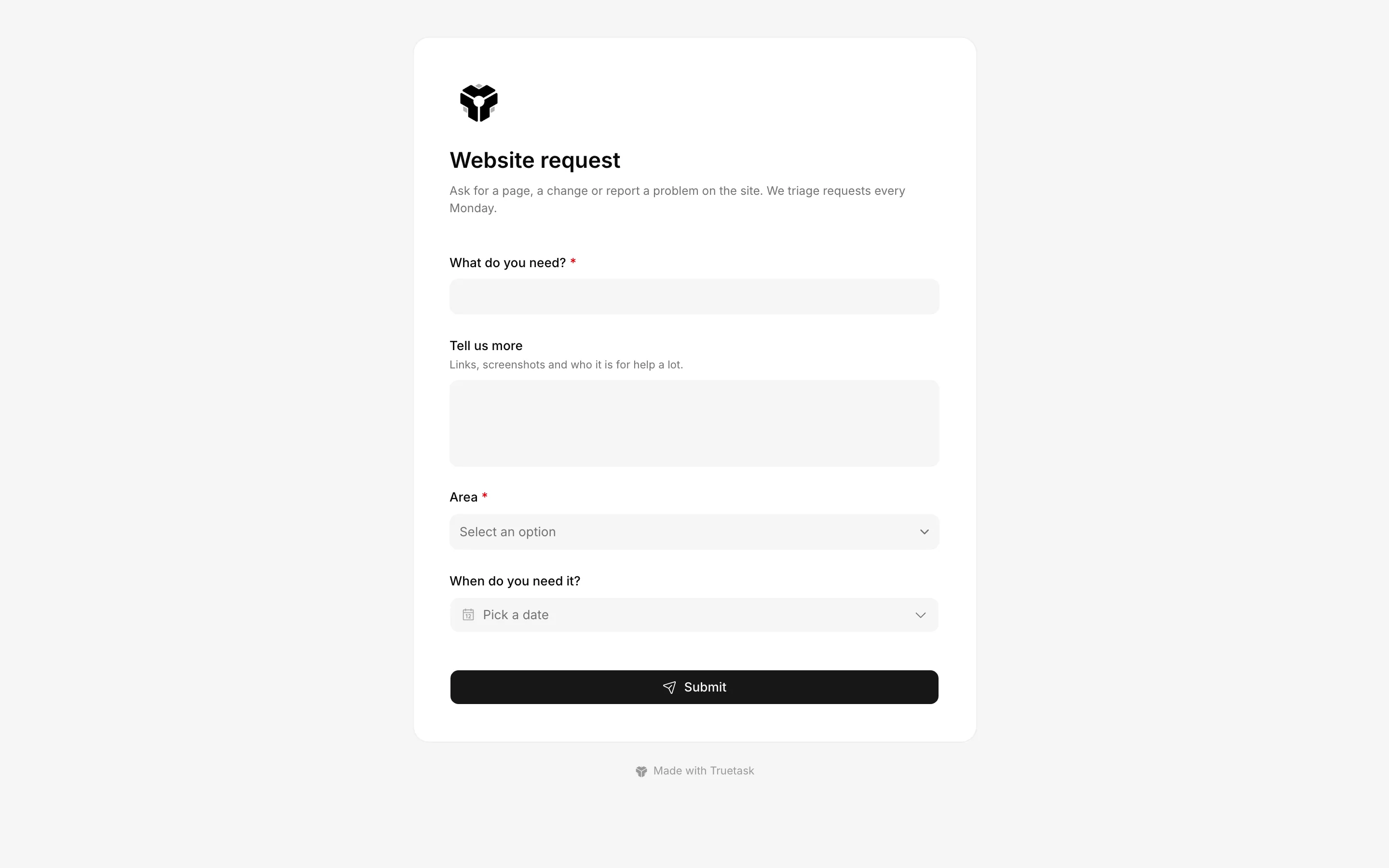 A public Truetask intake form as a submitter sees it