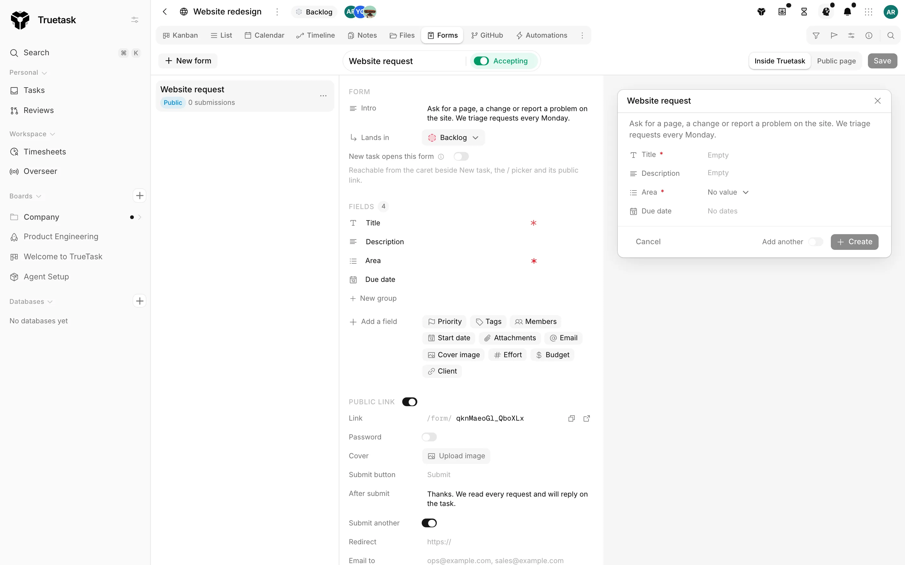 Truetask Forms view with a form open in the builder beside its preview
