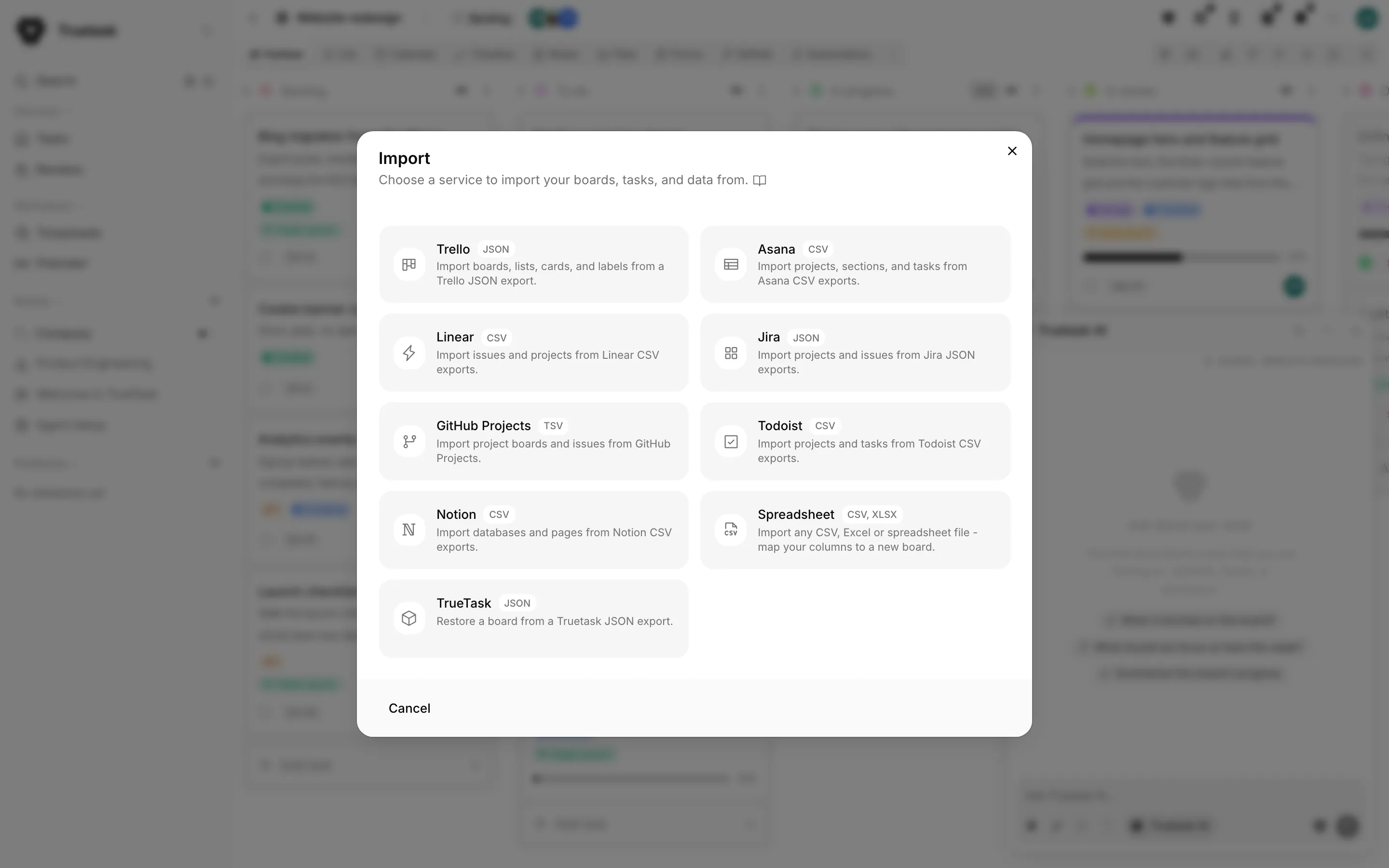 Truetask Import dialog with Trello, Asana, Linear, Jira, GitHub, Todoist, Notion and spreadsheet sources