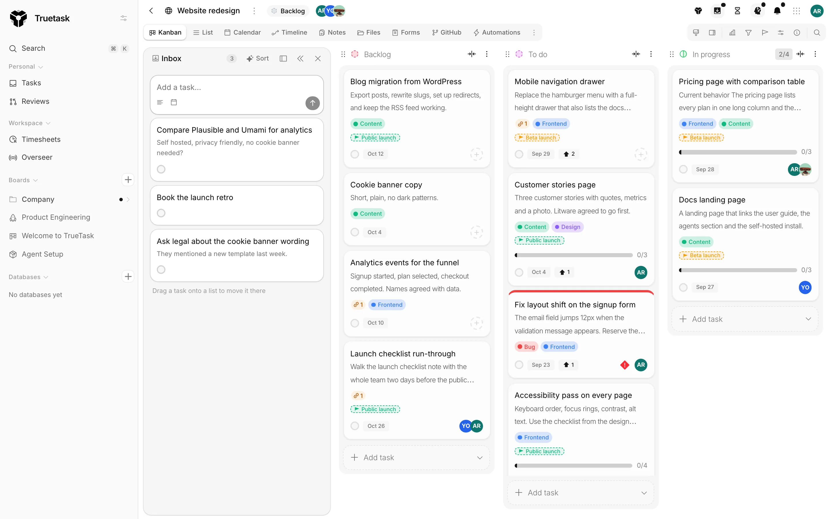 Truetask personal Inbox docked beside a board