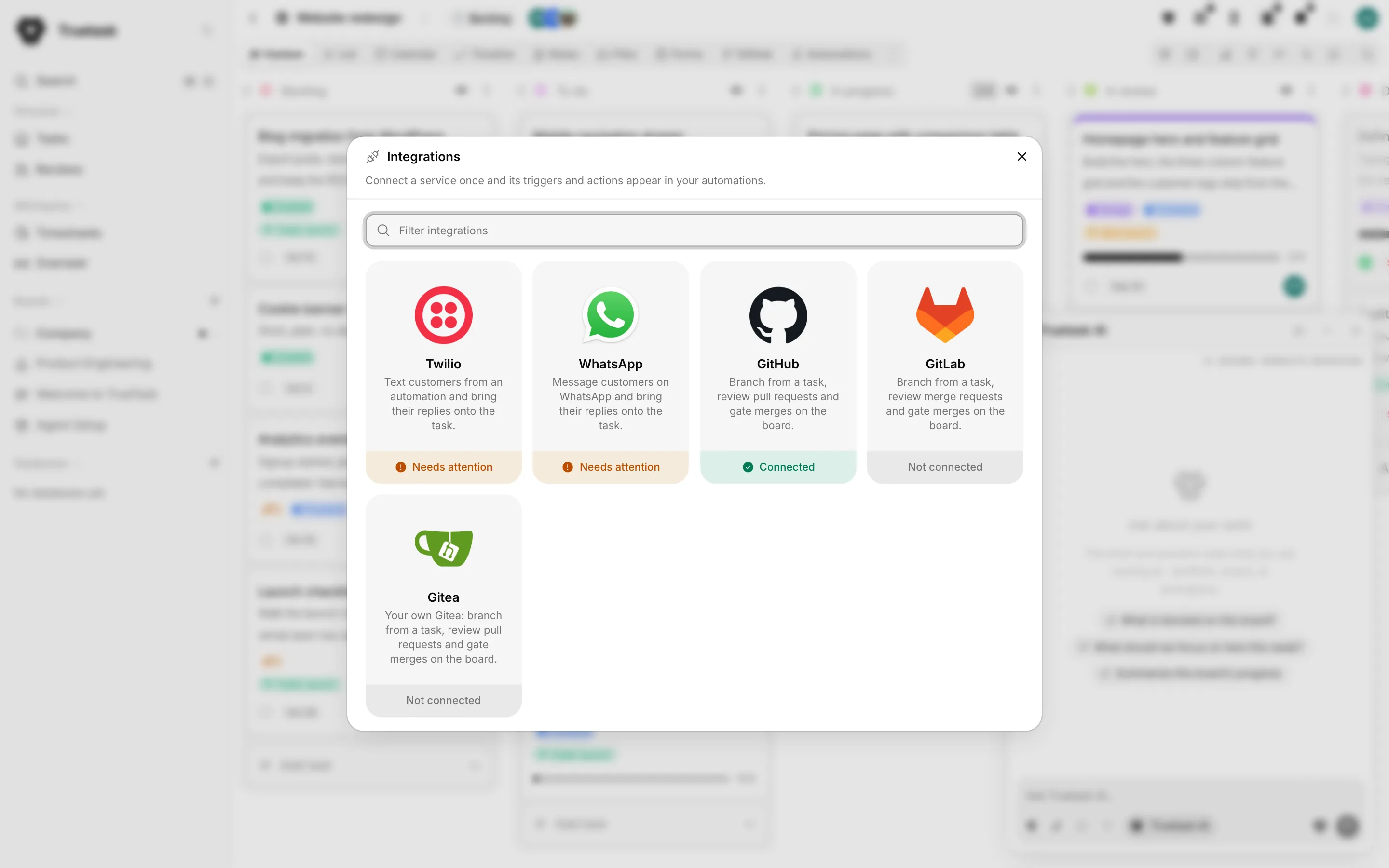 Truetask Integrations dialog with the Twilio, WhatsApp and git provider cards