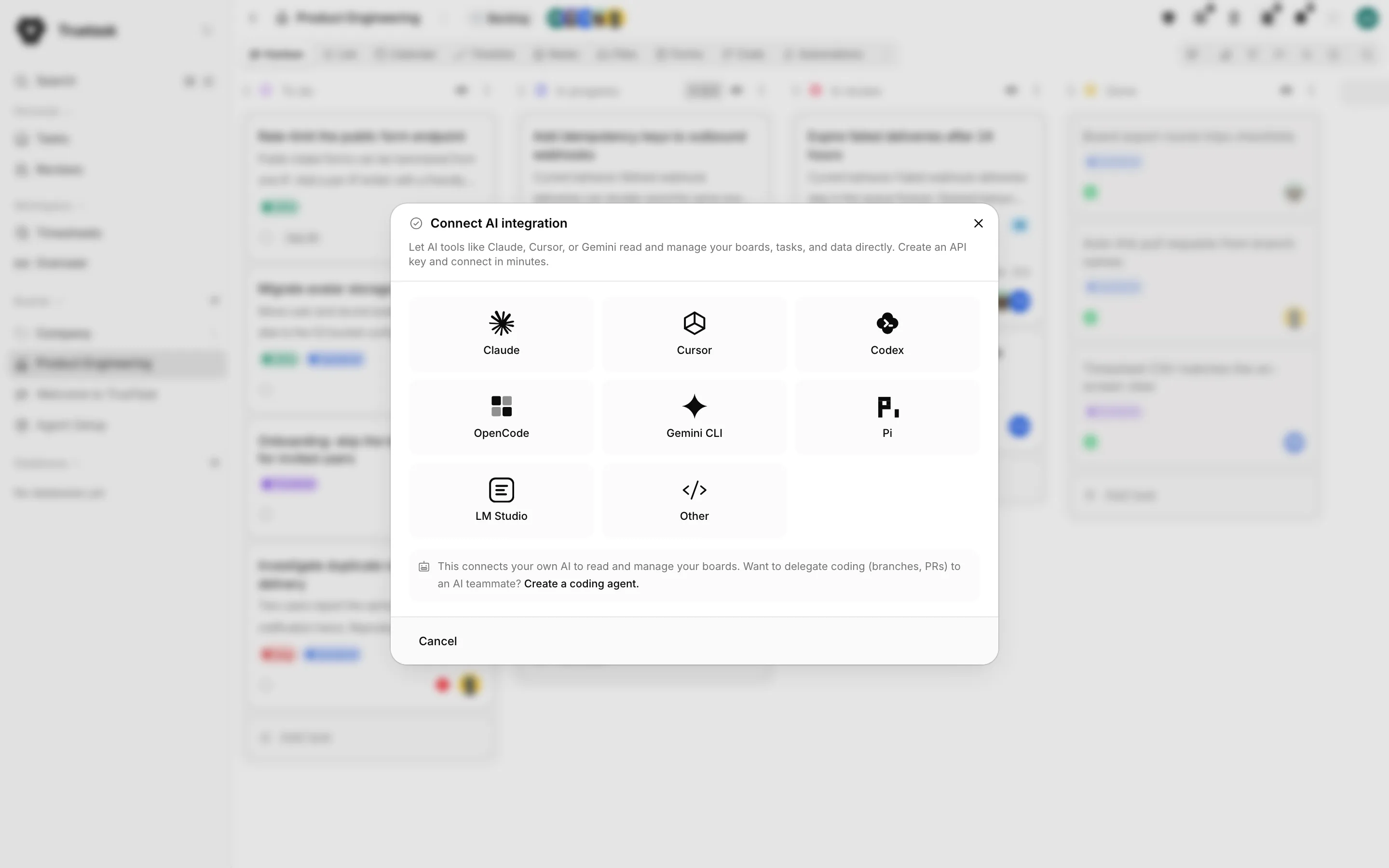 Truetask MCP connector wizard picking an AI client