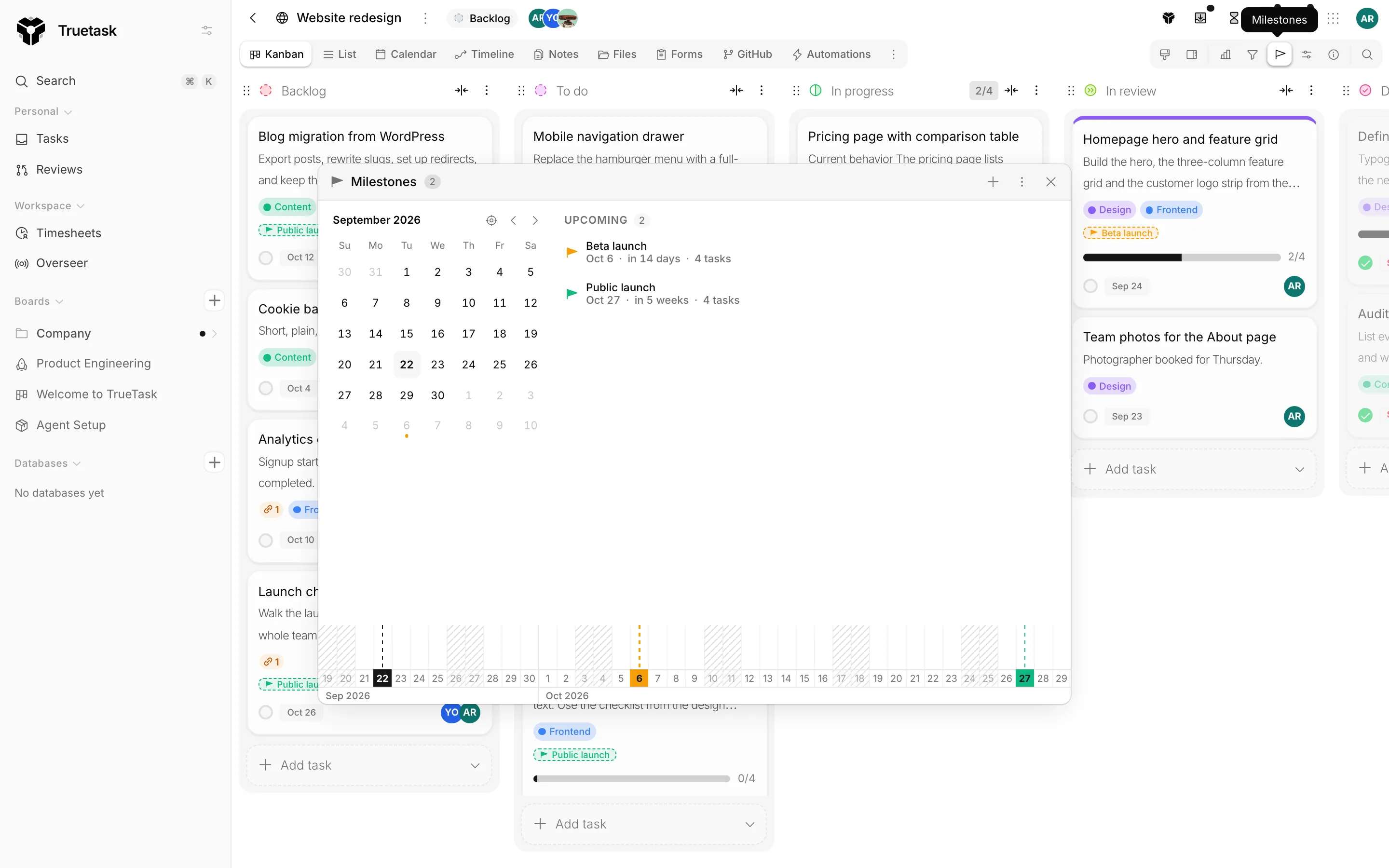 Truetask Milestones panel with the calendar and milestone list