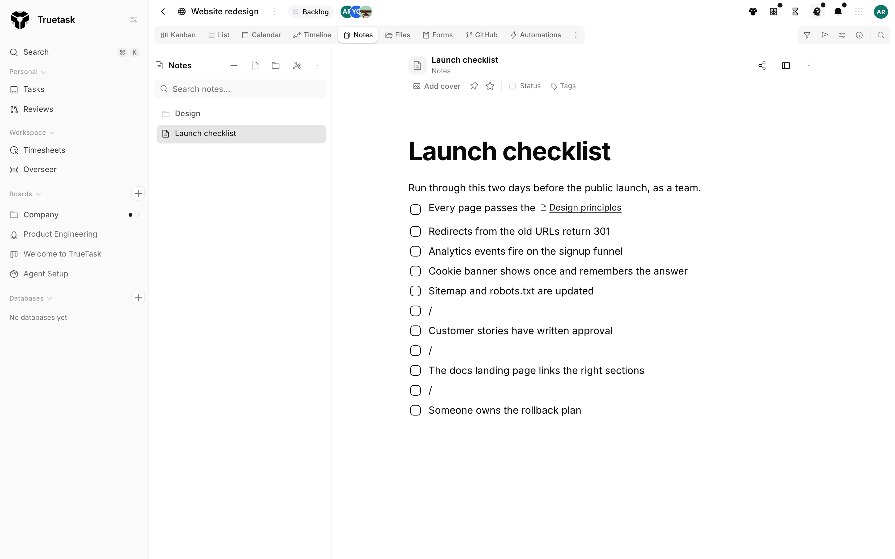 Truetask Publish notes dialog with scope picker and published links
