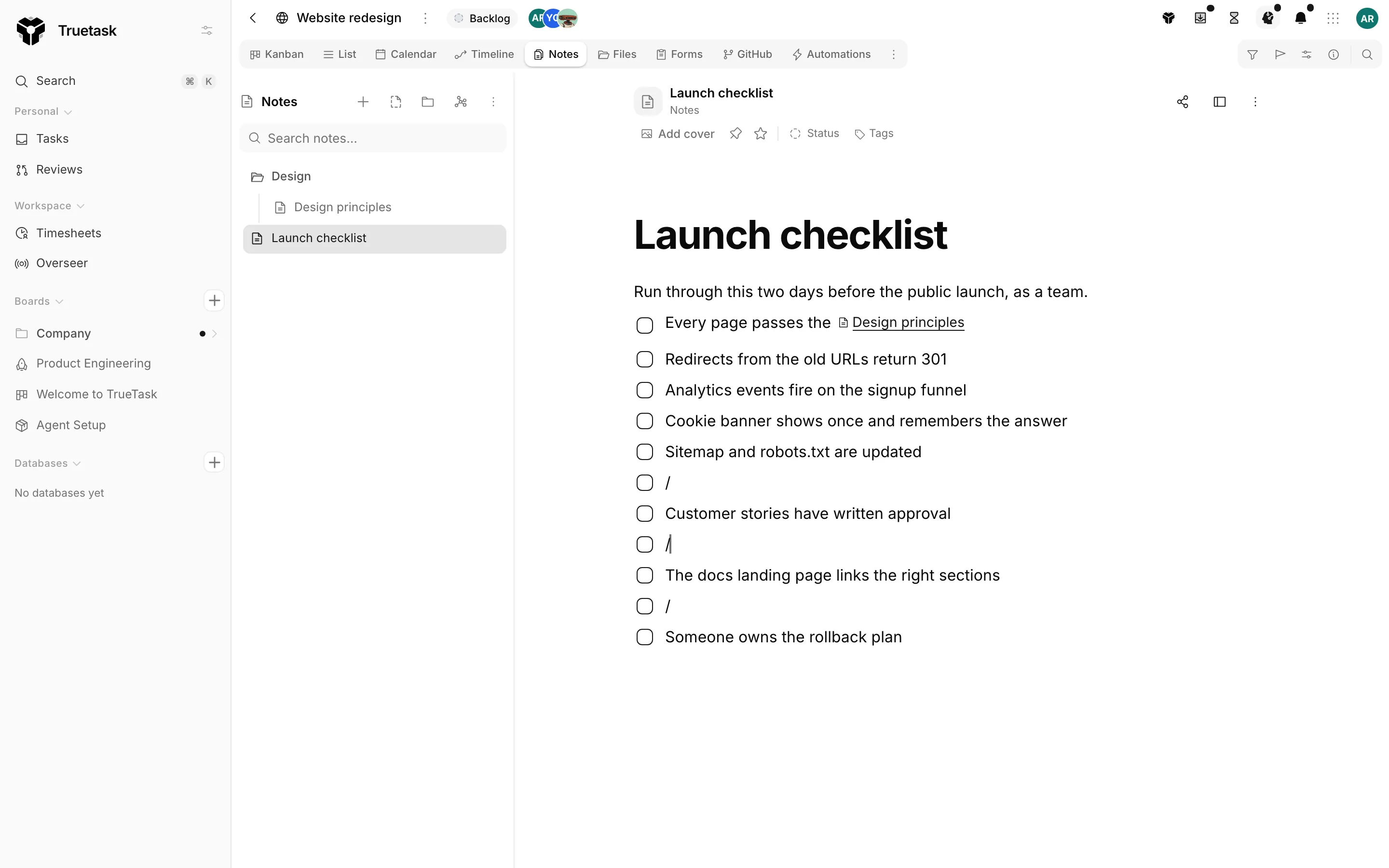 Truetask note editor with the slash command menu open