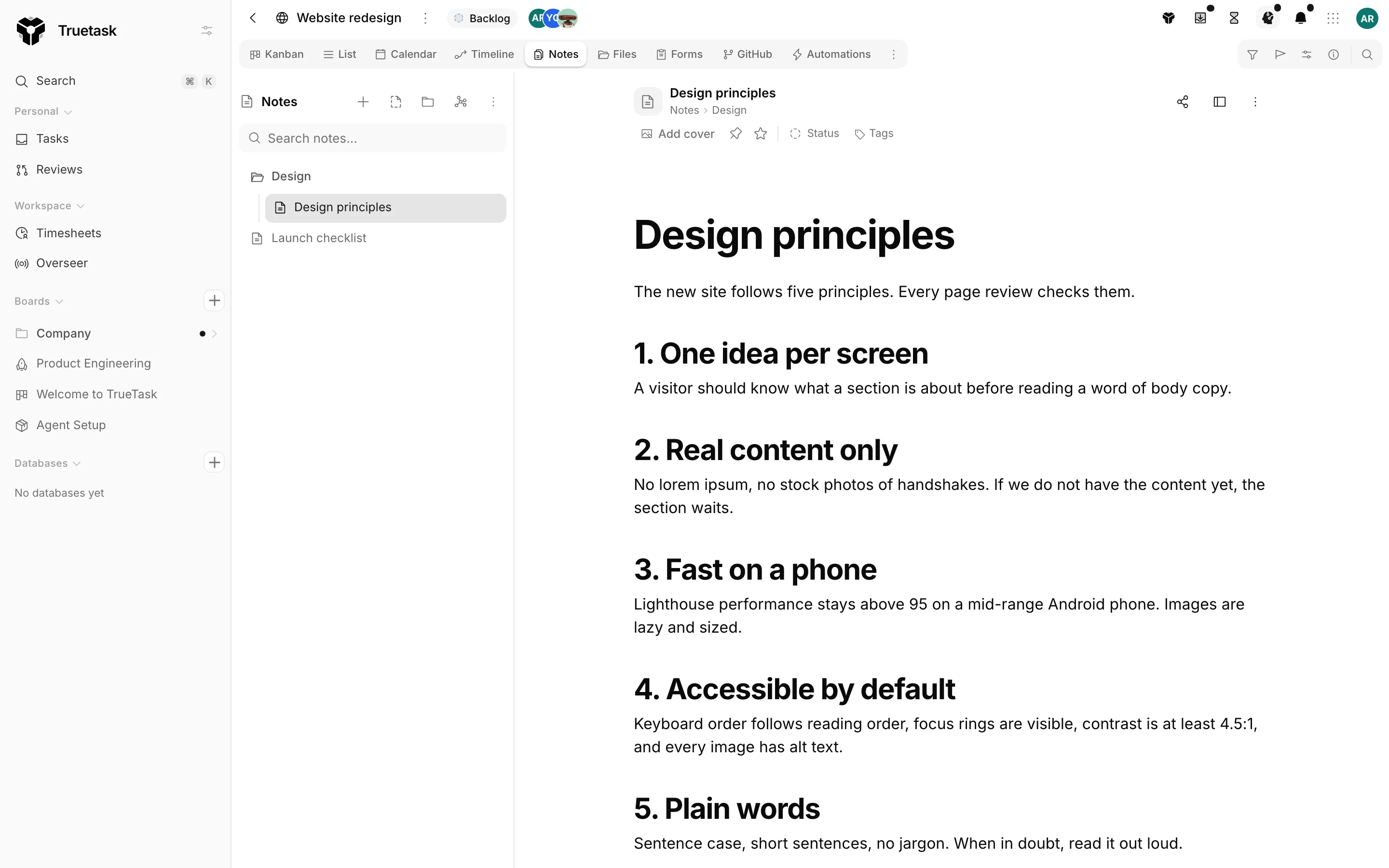 Truetask Notes view with the folder tree and a note open in the editor