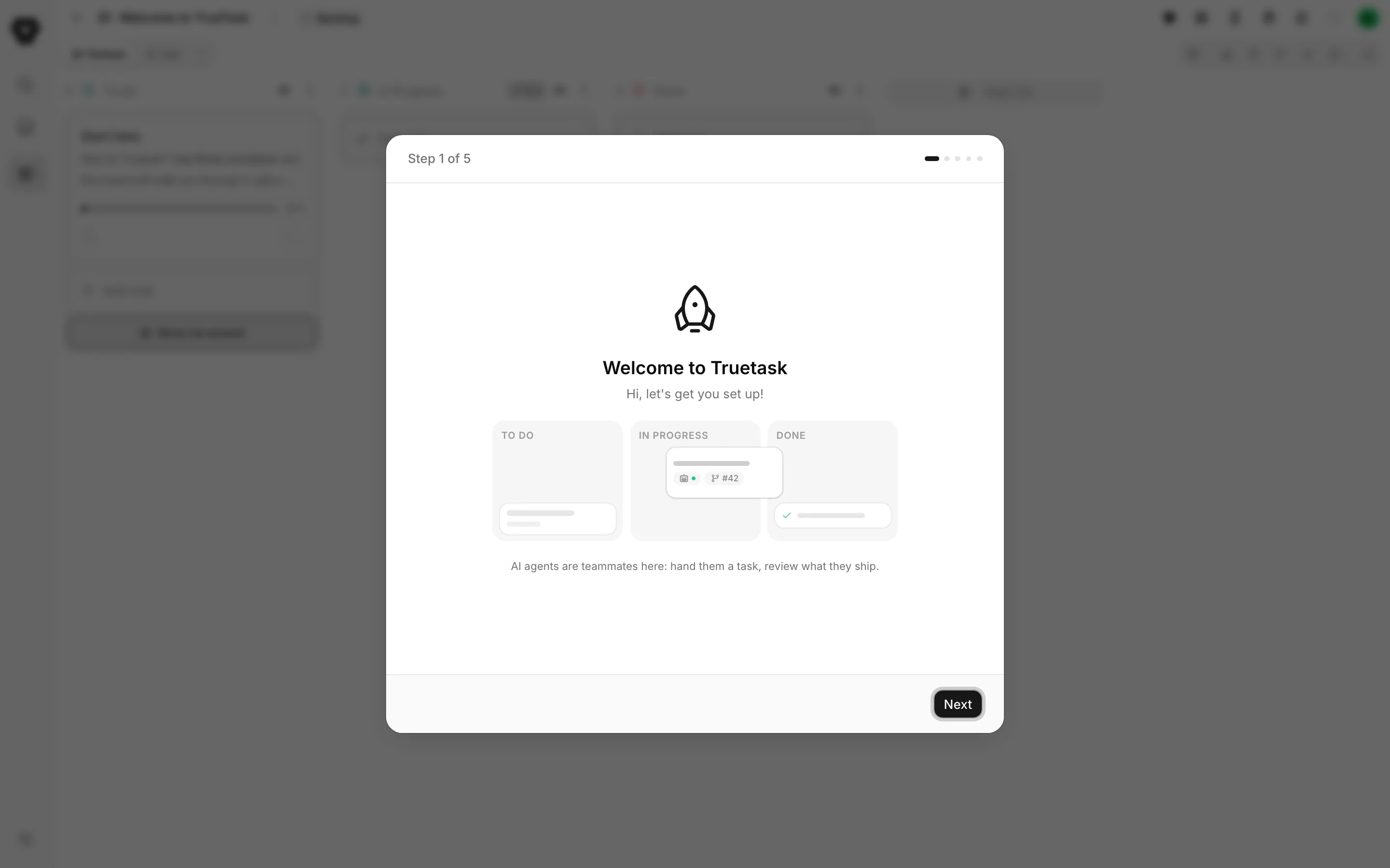 Truetask onboarding wizard welcoming a new user
