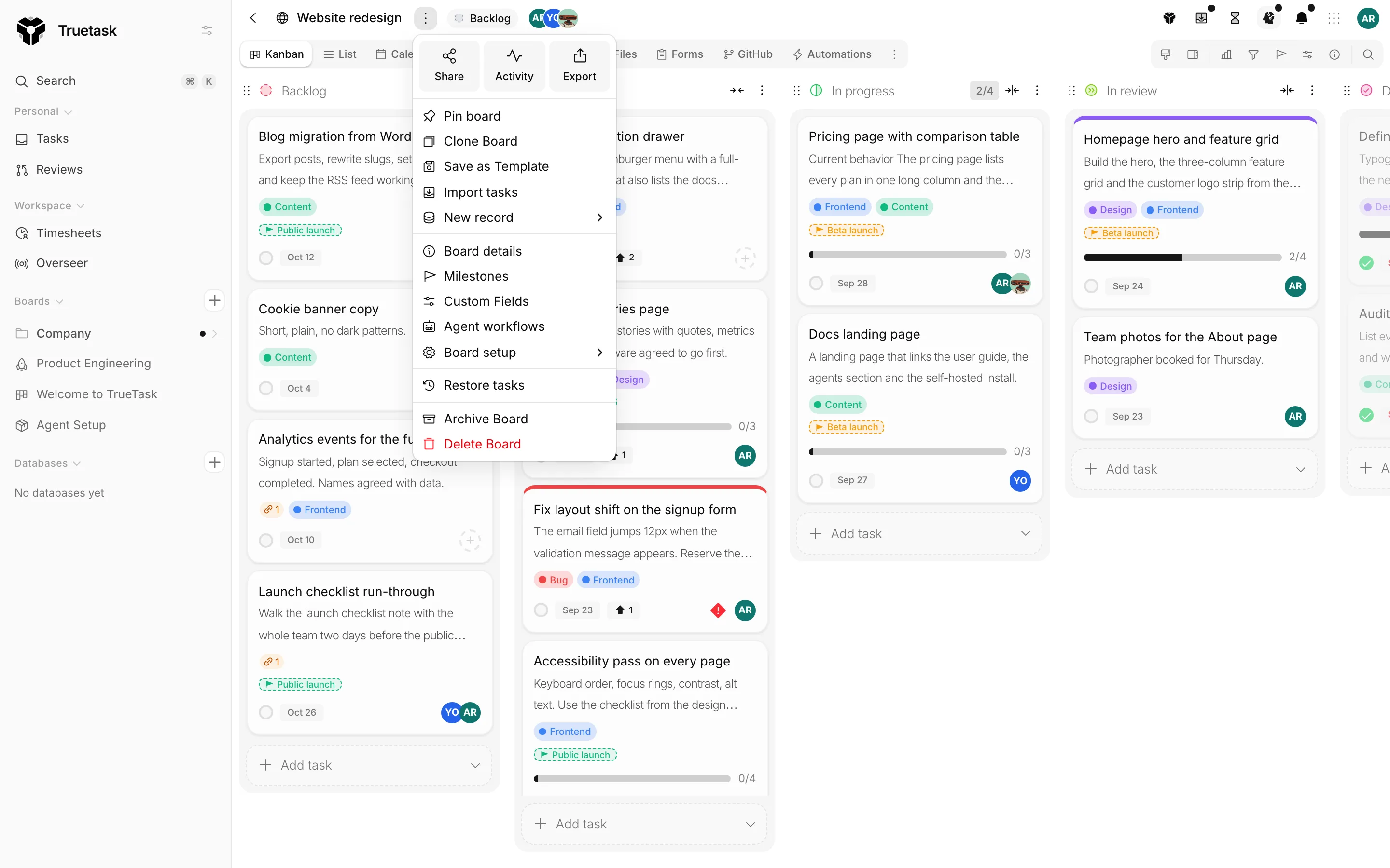 Truetask board page menu with quick tiles, actions and the Board setup submenu