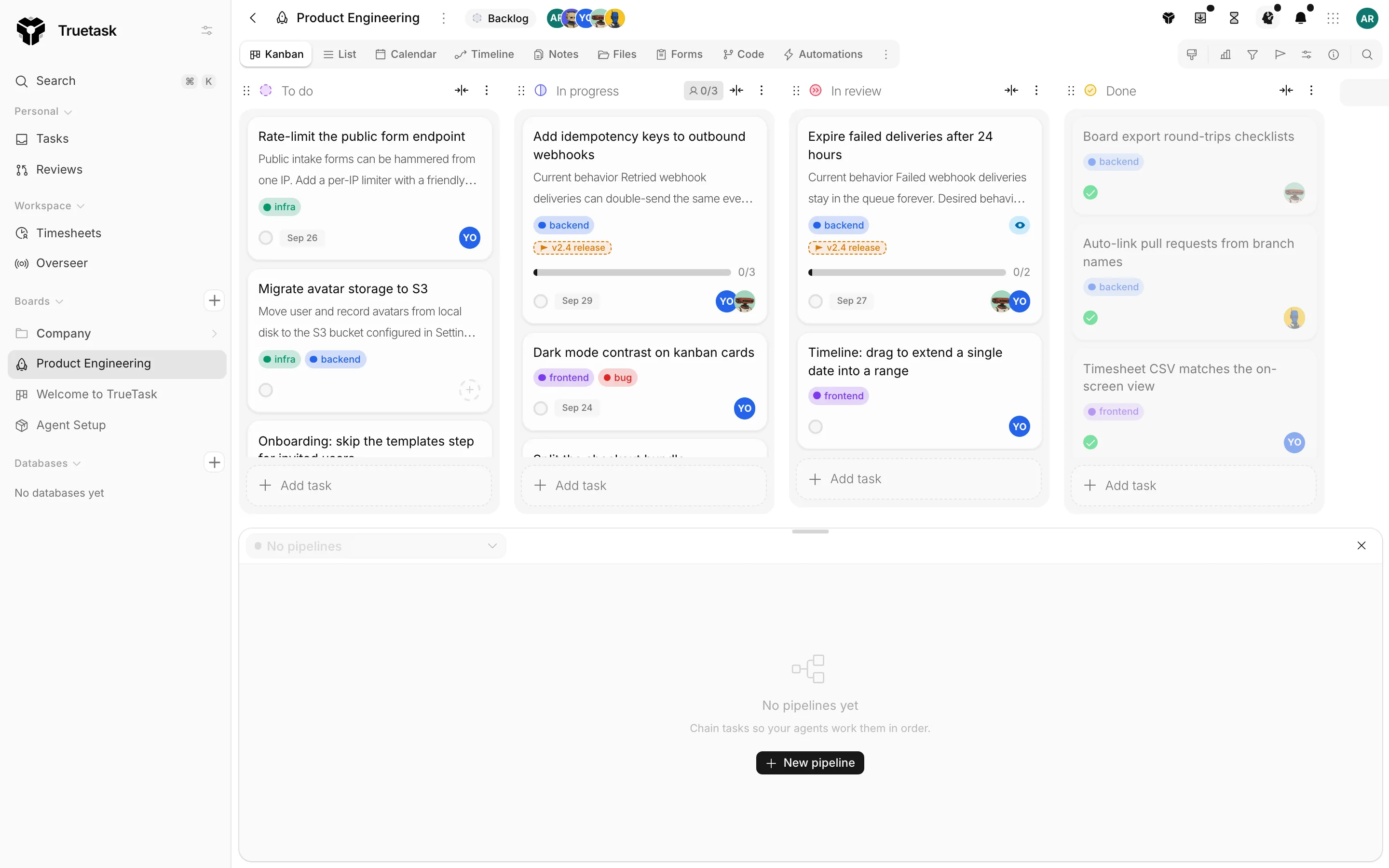 Truetask pipeline drawer with a chain of agent tasks