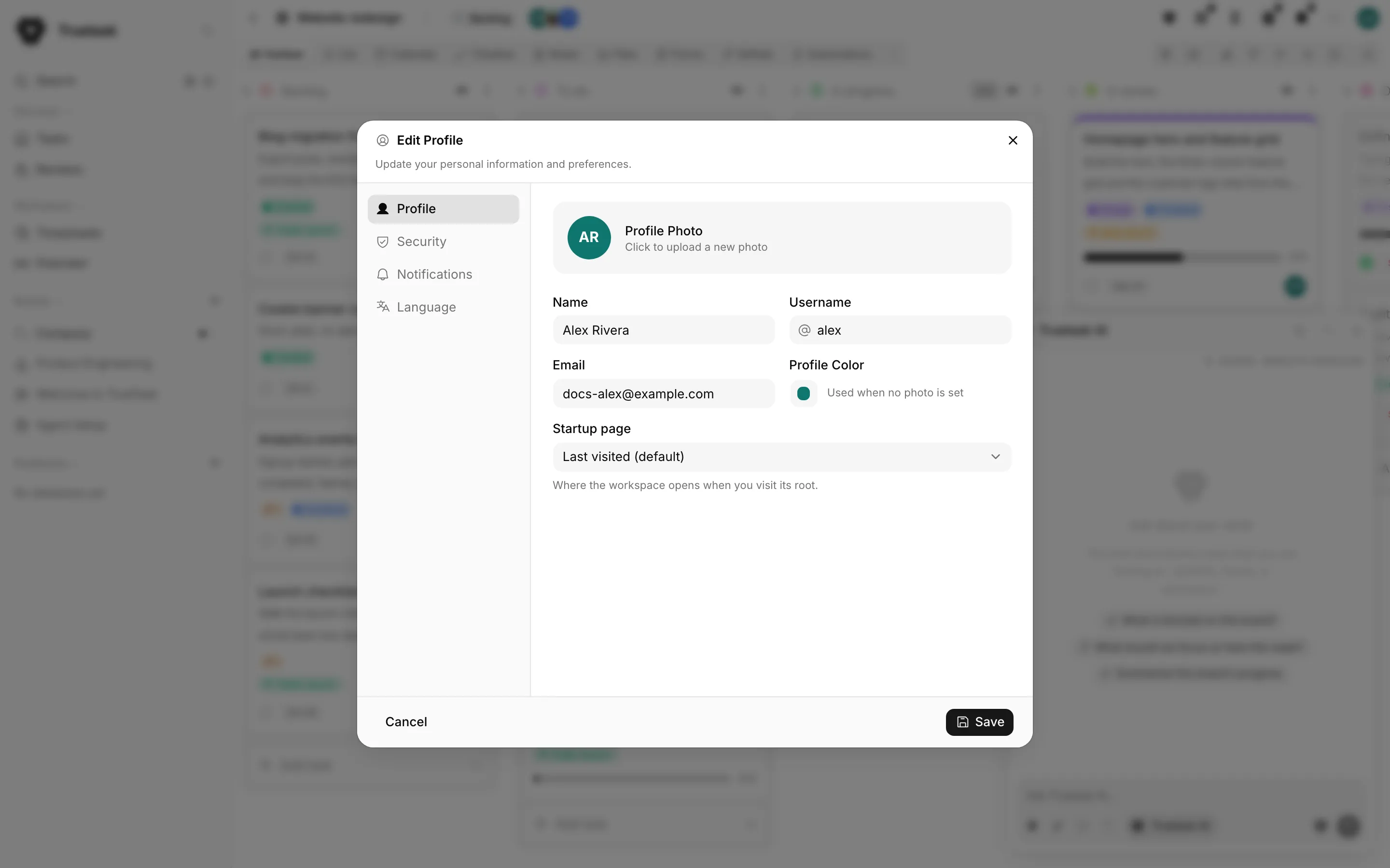 Truetask Profile dialog with Profile, Security, Notifications and Language sections
