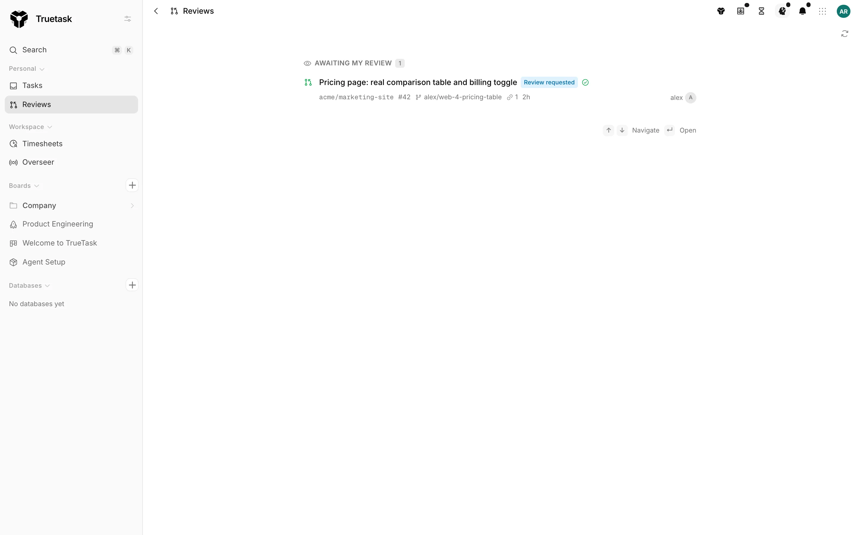 Truetask Reviews page listing pull requests awaiting your review