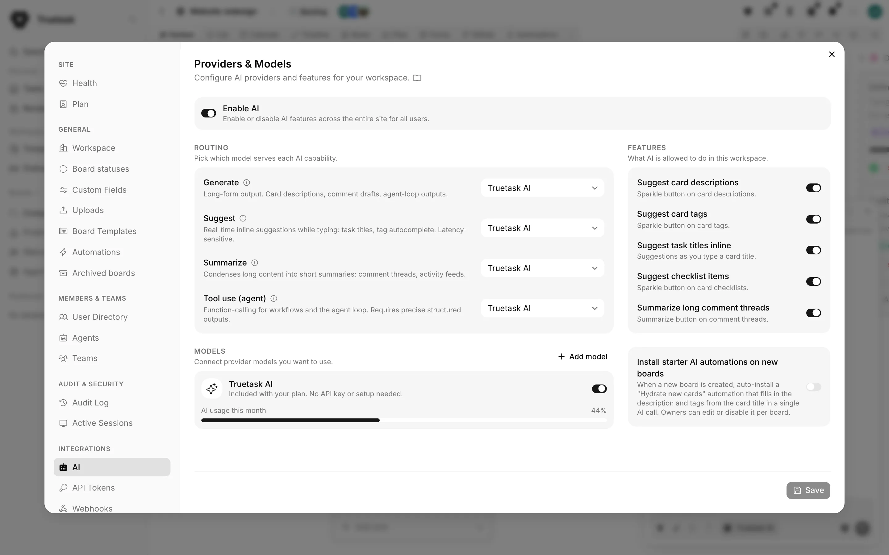 Truetask AI settings pane with the enable switch, models, routing and features