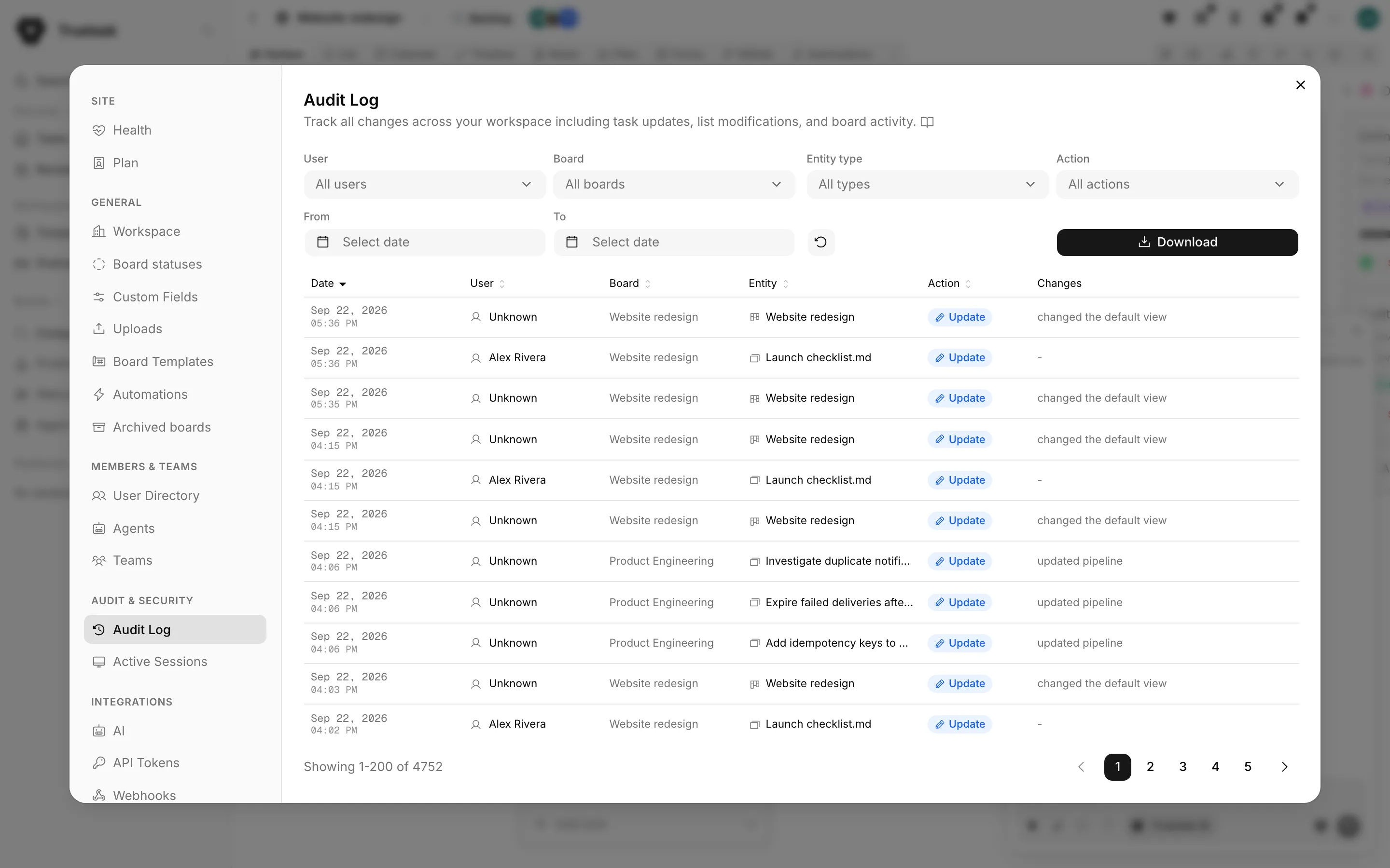Truetask Audit Log settings pane with filters and the Changes column