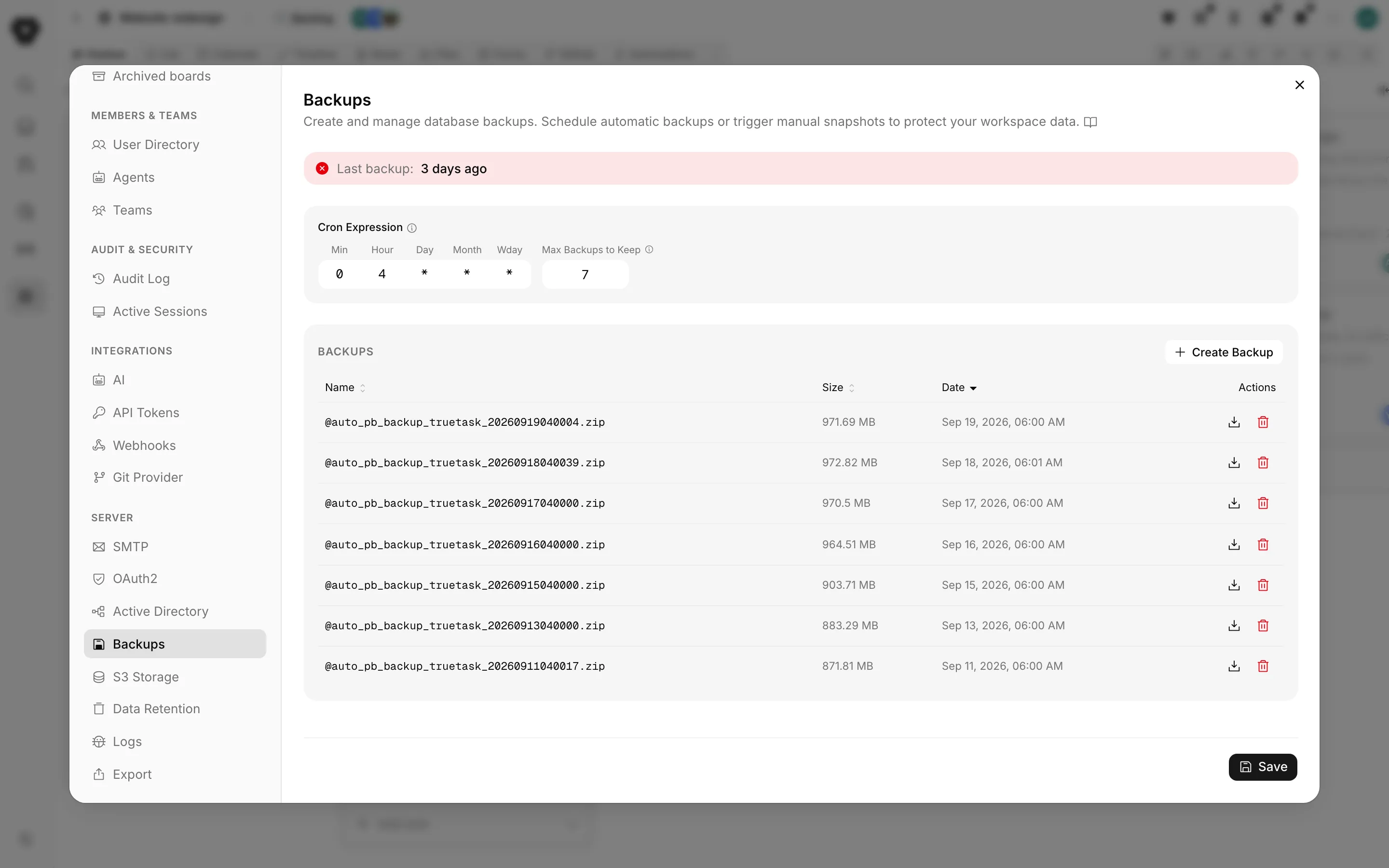 Truetask self-hosted Backups settings pane with schedule and archive list