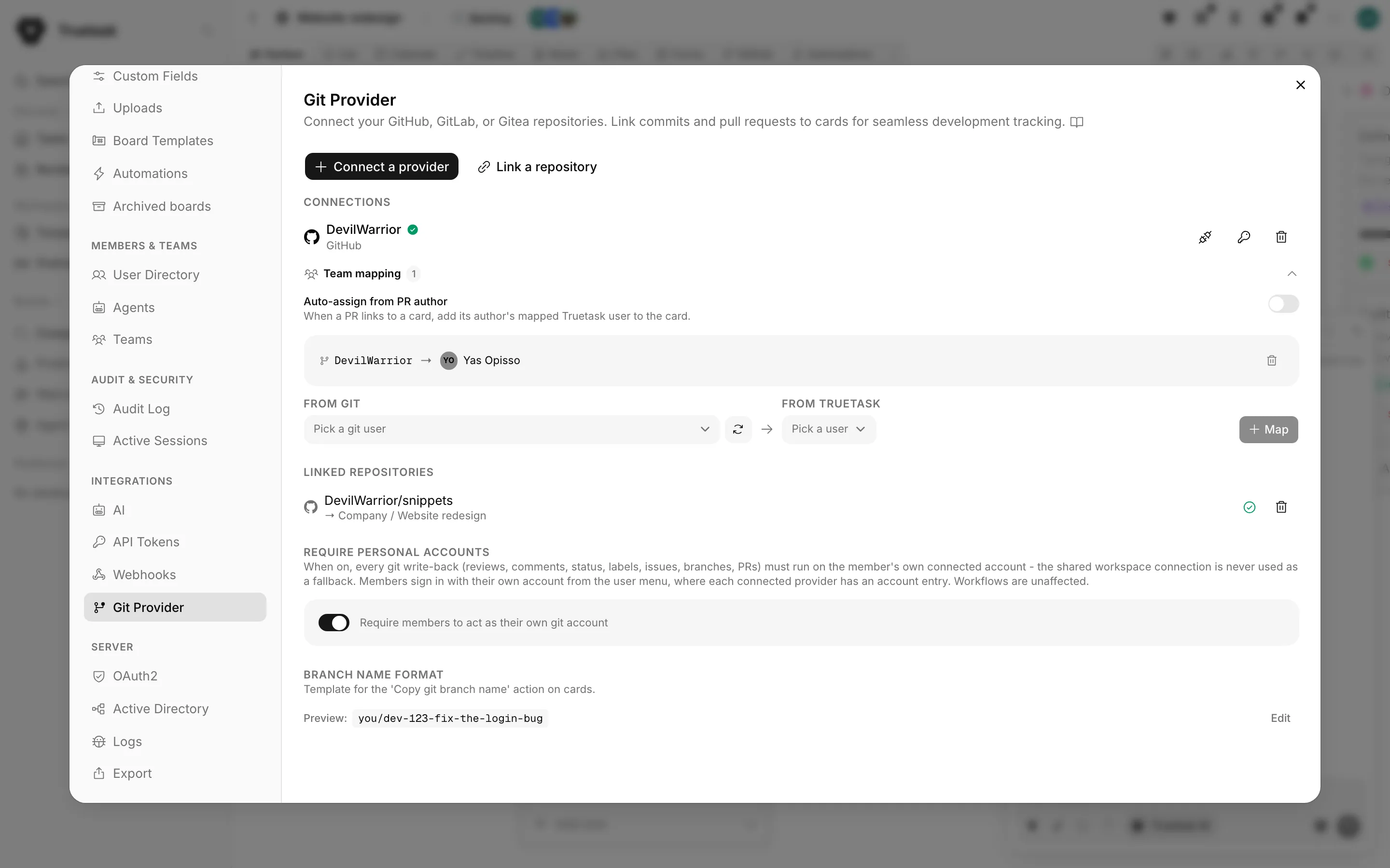Truetask Git Provider settings with connections, linked repositories and branch name format