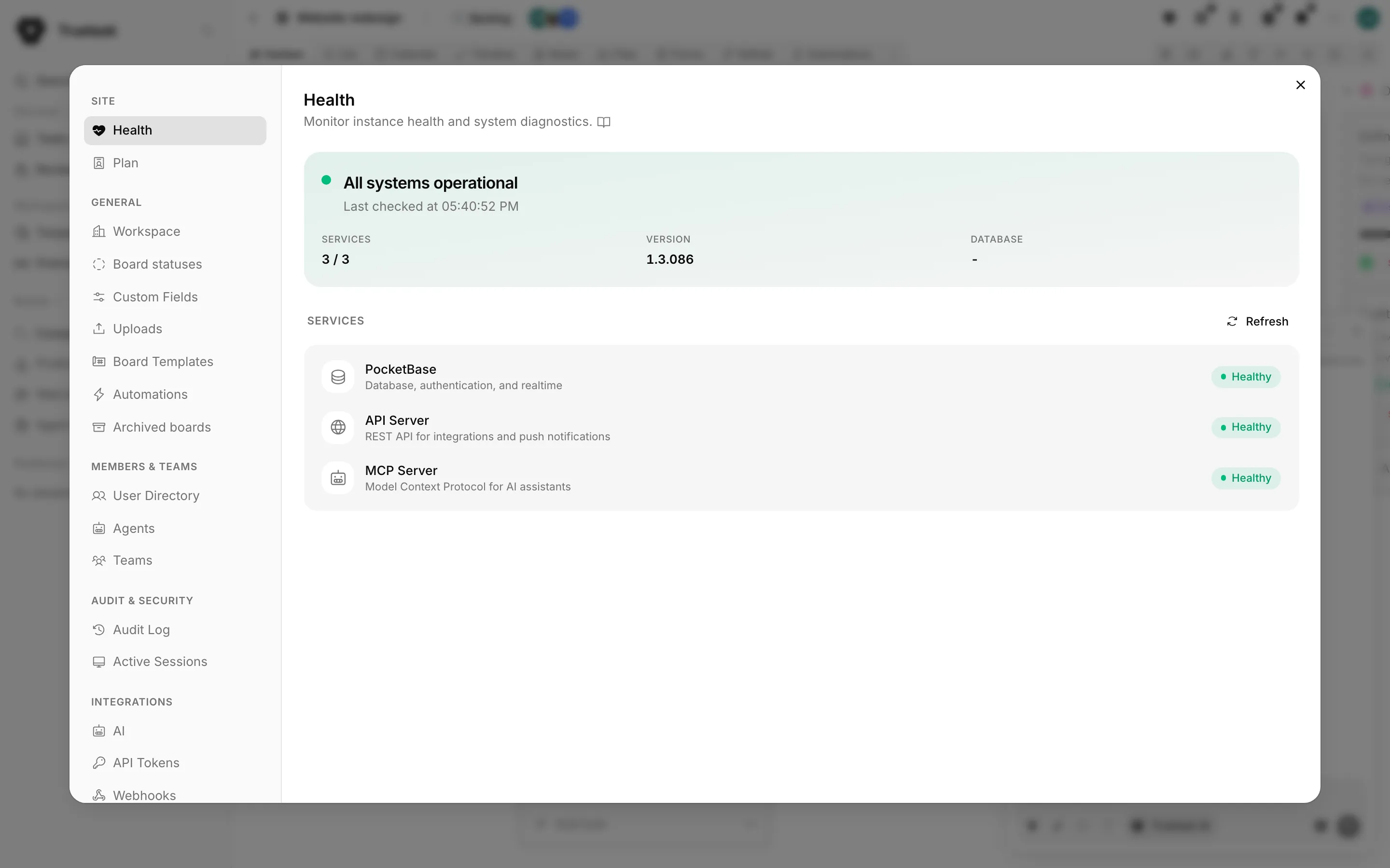 Truetask Health settings pane listing PocketBase, API Server and MCP Server status