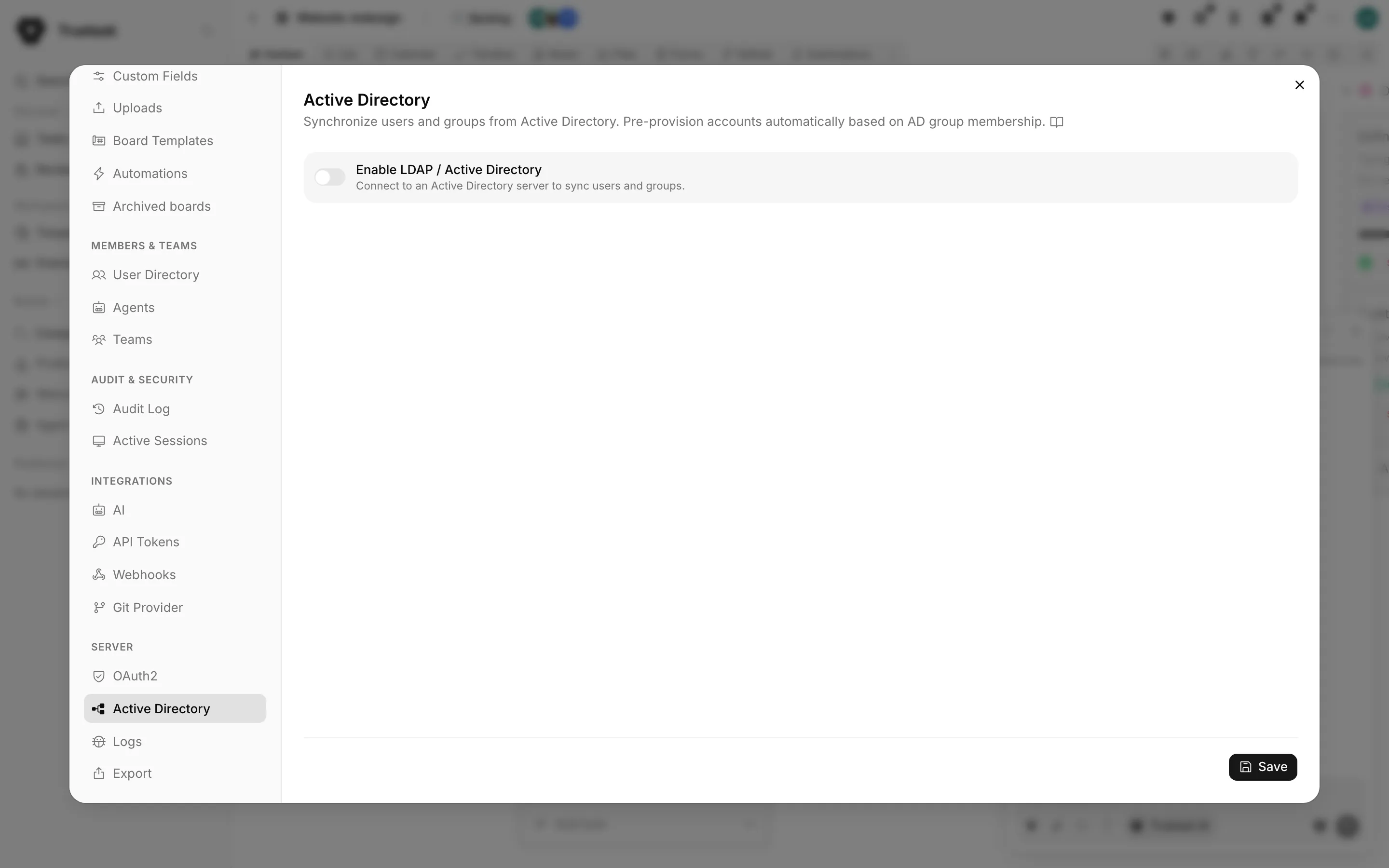 Truetask Active Directory settings pane with connection, filter and sync sections