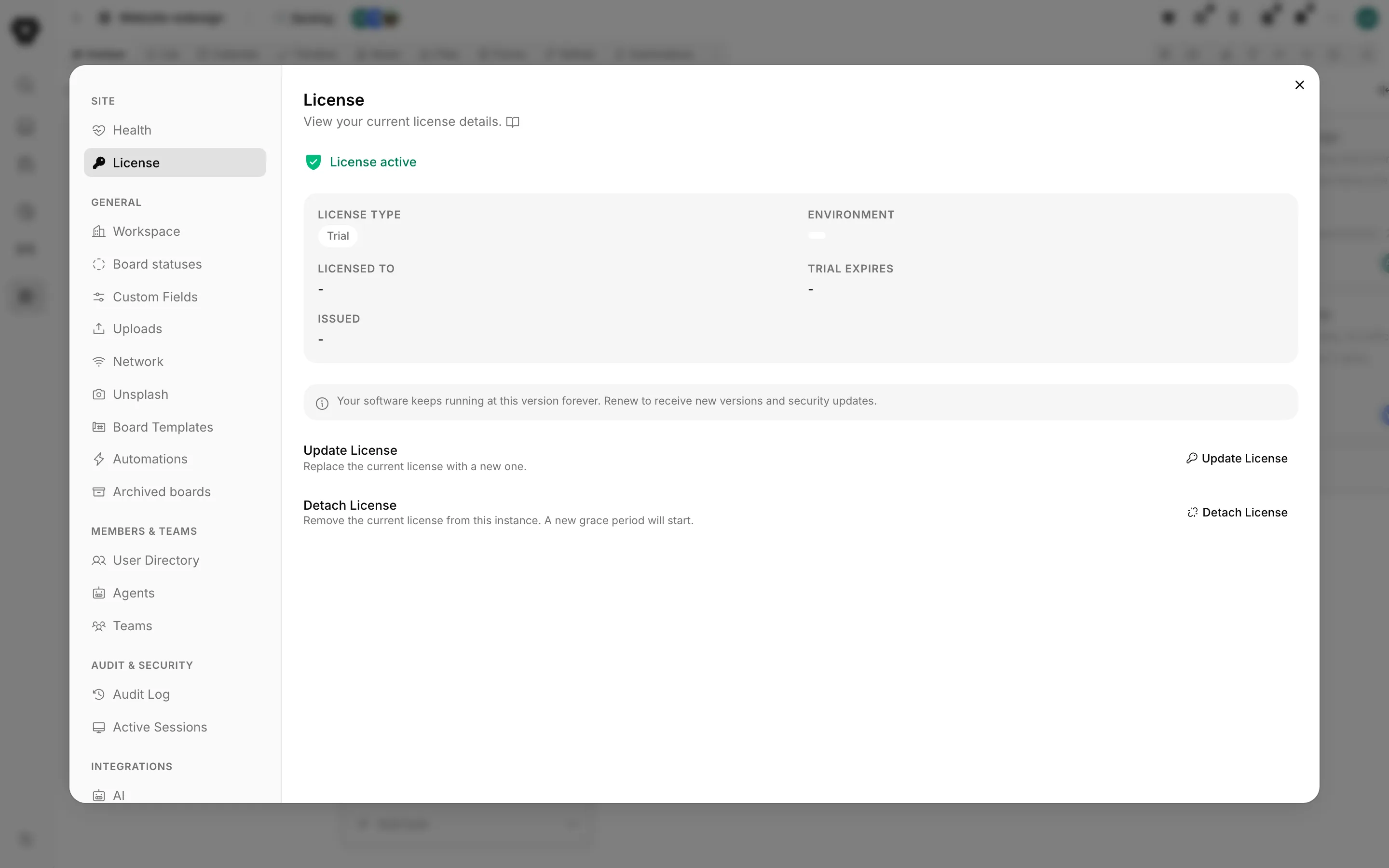 Truetask self-hosted License settings pane