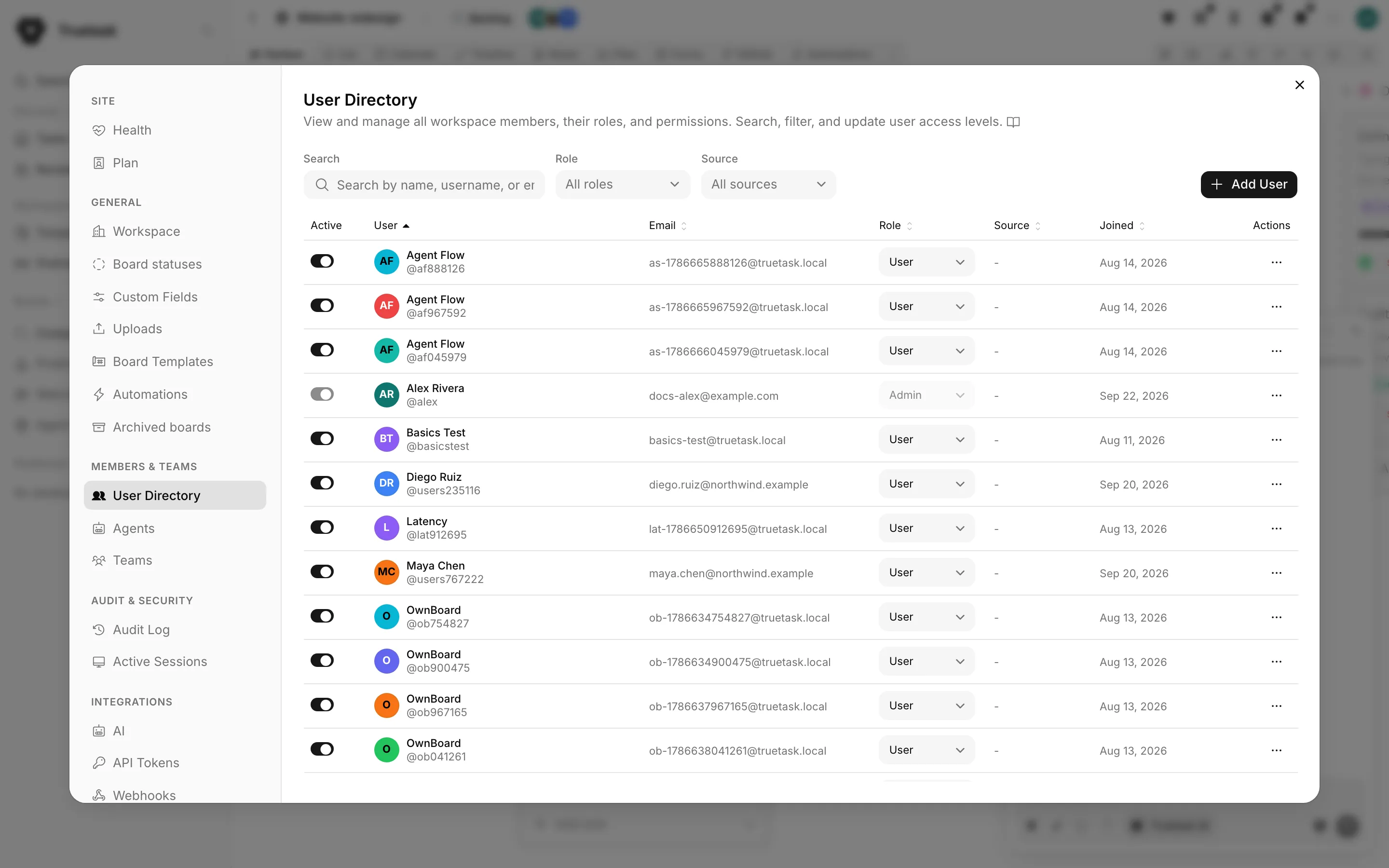 Truetask User Directory settings pane with member rows and roles