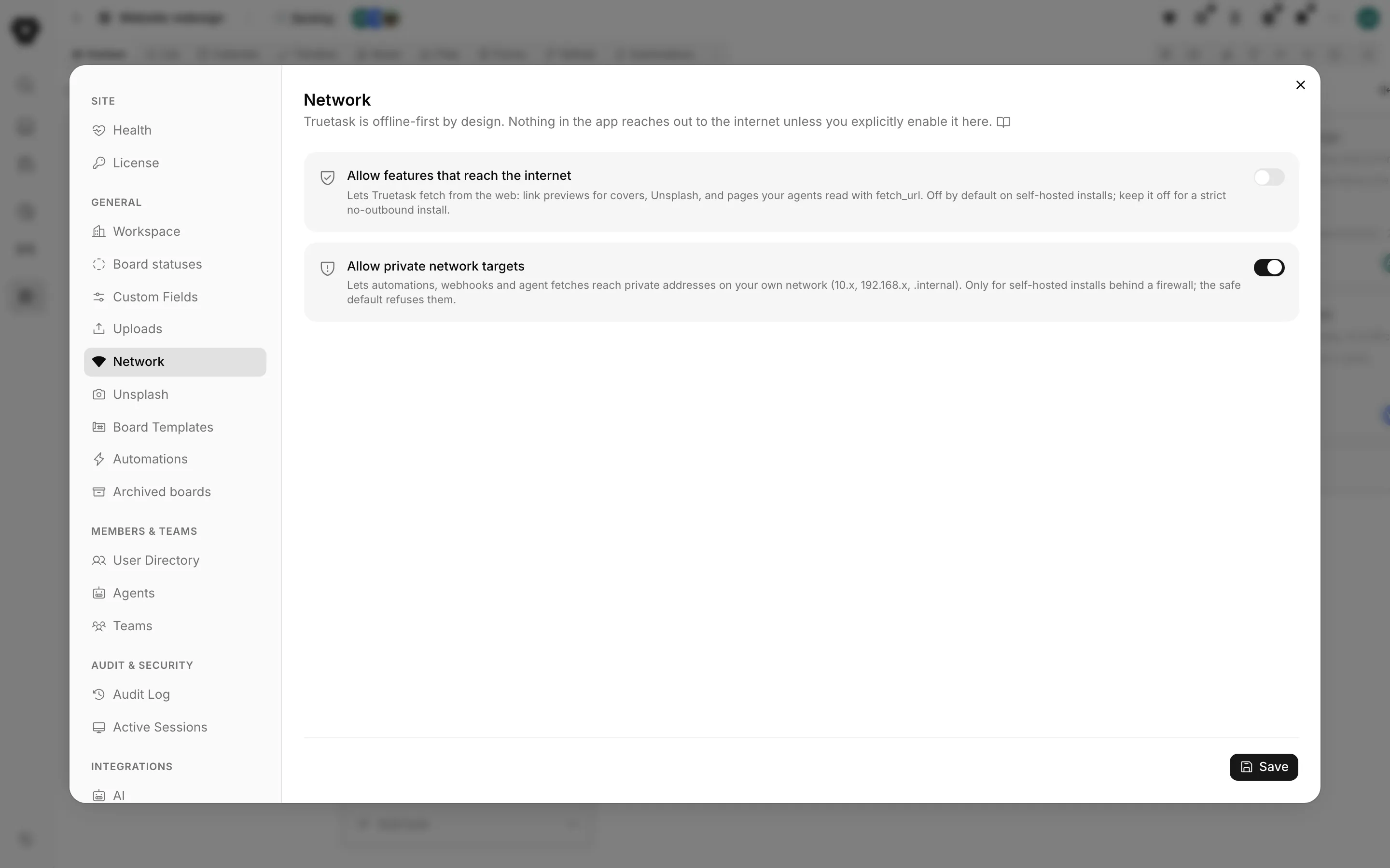 Truetask self-hosted Network policy settings pane