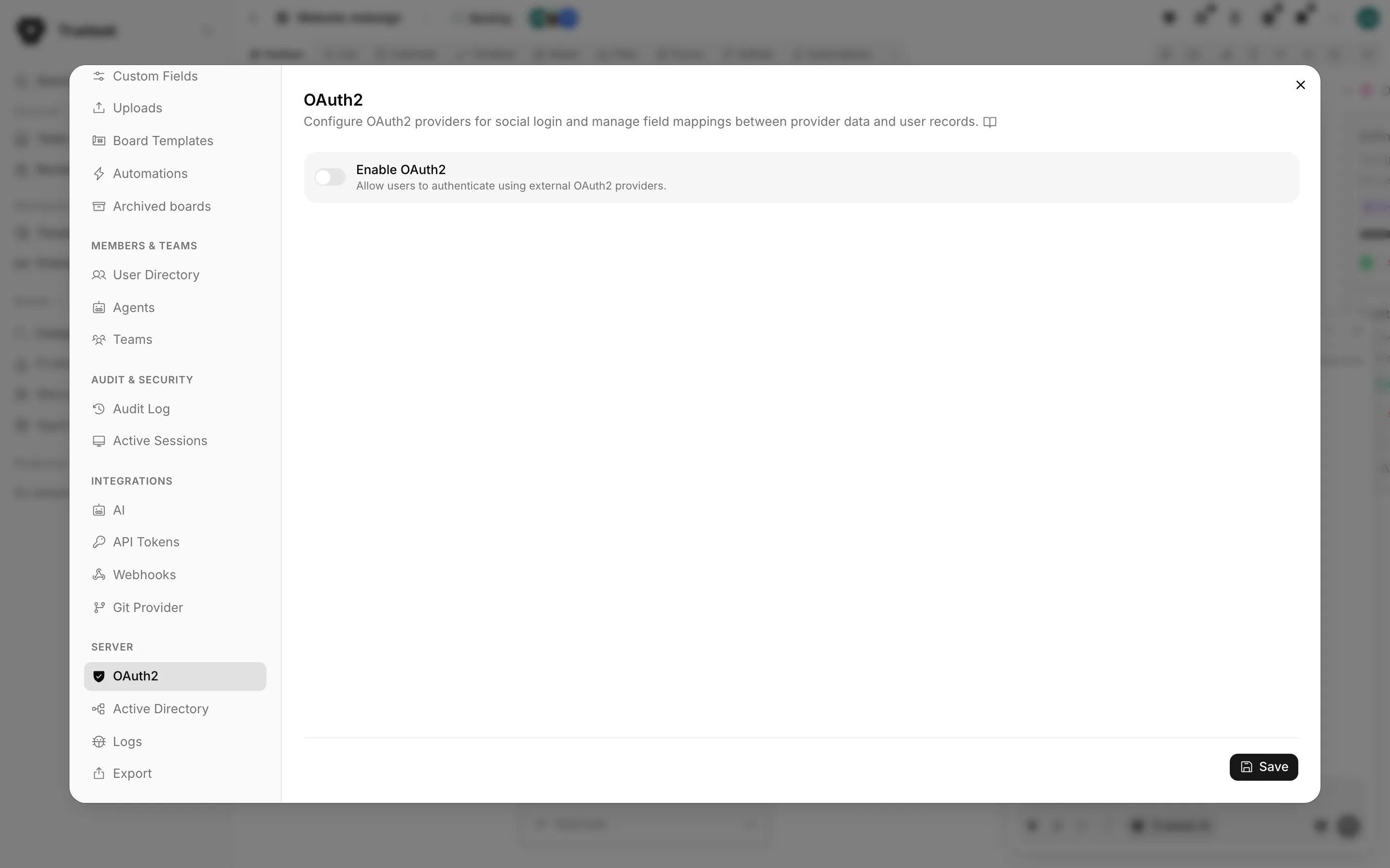 Truetask OAuth2 settings pane with the enable switch, field mappings and providers